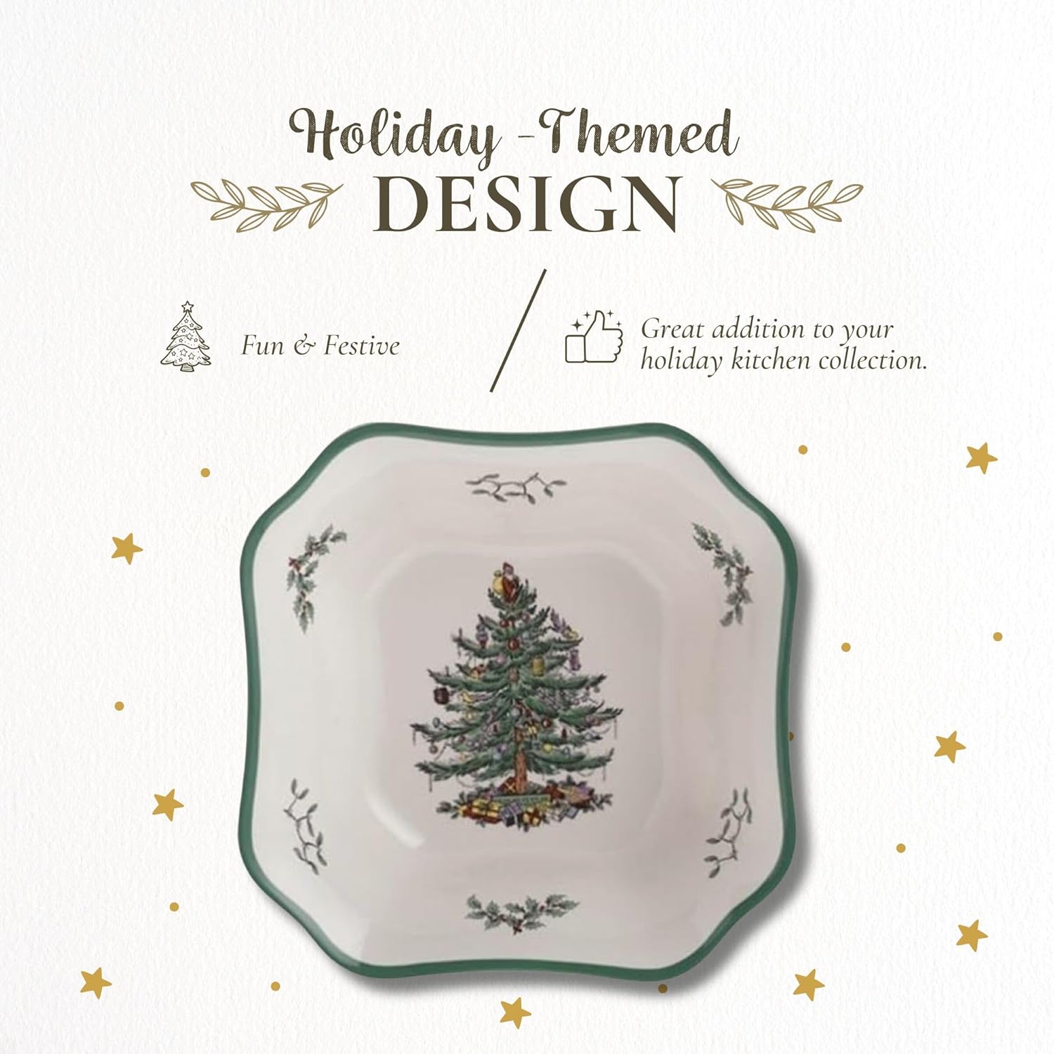 Spode Christmas Tree 9.5-Inch Square Salad Bowl - Ceramic Earthenware Serving Bowl for Salads, Soups, Pasta, & Side Dishes - Festive Holiday Dinnerware with Iconic Christmas Tree Design