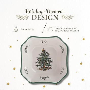 Spode Christmas Tree 9.5-Inch Square Salad Bowl - Ceramic Earthenware Serving Bowl for Salads, Soups, Pasta, Side Dishes - Festive Holiday Dinnerware with Iconic Christmas Tree Design