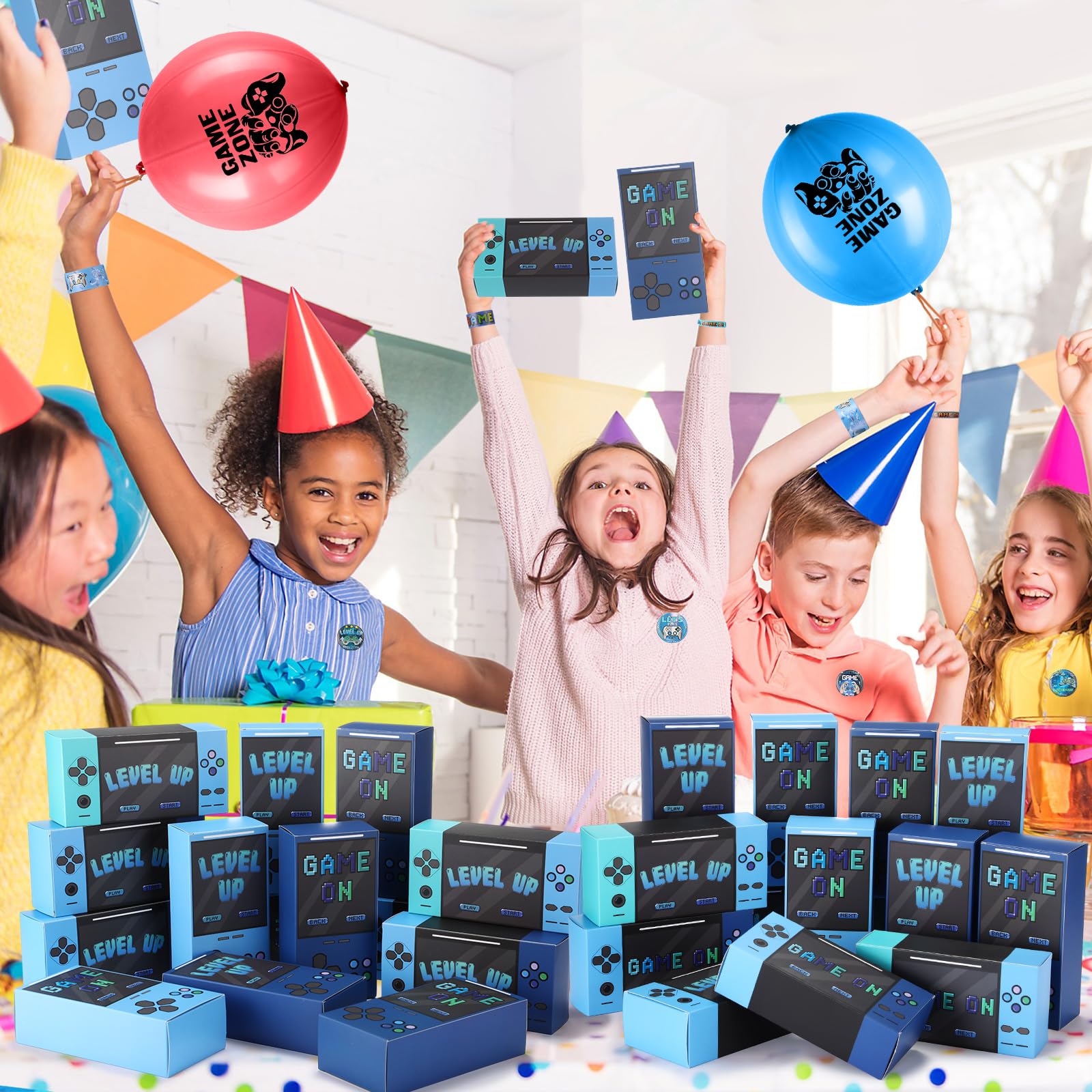 HyDren 179 piezas de recuerdos de fiesta de videojuegos, incluye cajas de regalo de videojuegos, globos perforadores, pulseras de silicona, llaveros, insignias, calcomanías para juegos de fiesta de