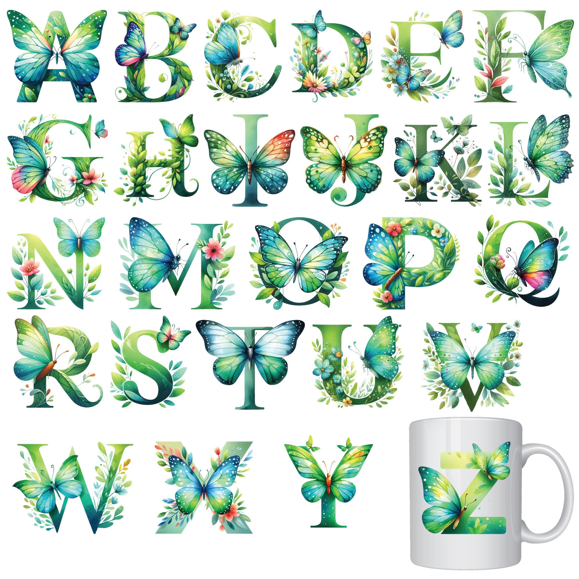 Yiootop 26pcs 3IN butterfly Alphabets Waterproof UV DTF Cup Rub on Transfer Stickes for Crafting for Glass Cups Travel Mug Wood Crafts DIY set for (