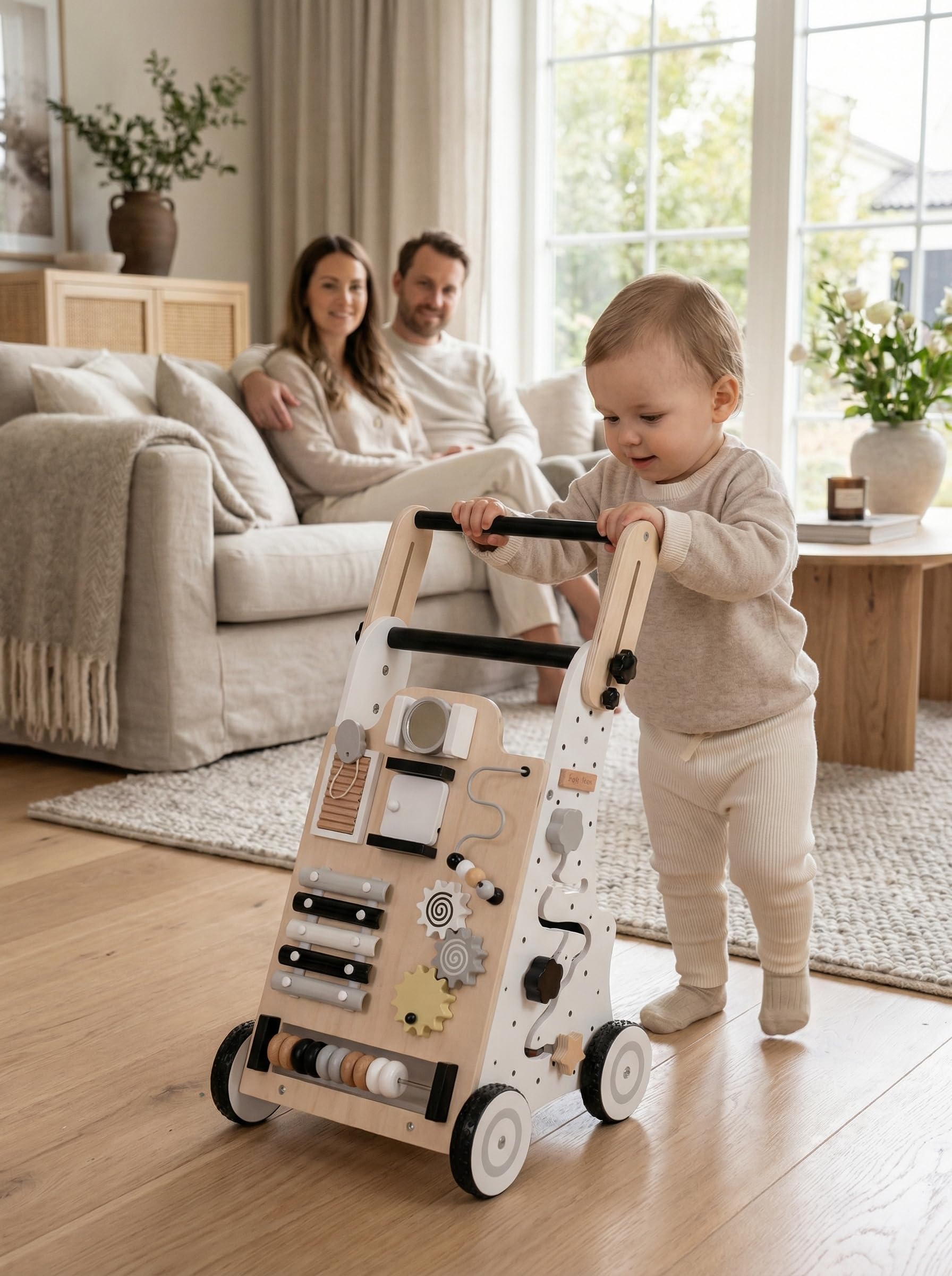 KiddyMoon Girello Interattivo In Legno Per Bambini Multifunzione Primi Passi WK-001, Bianco-Nero