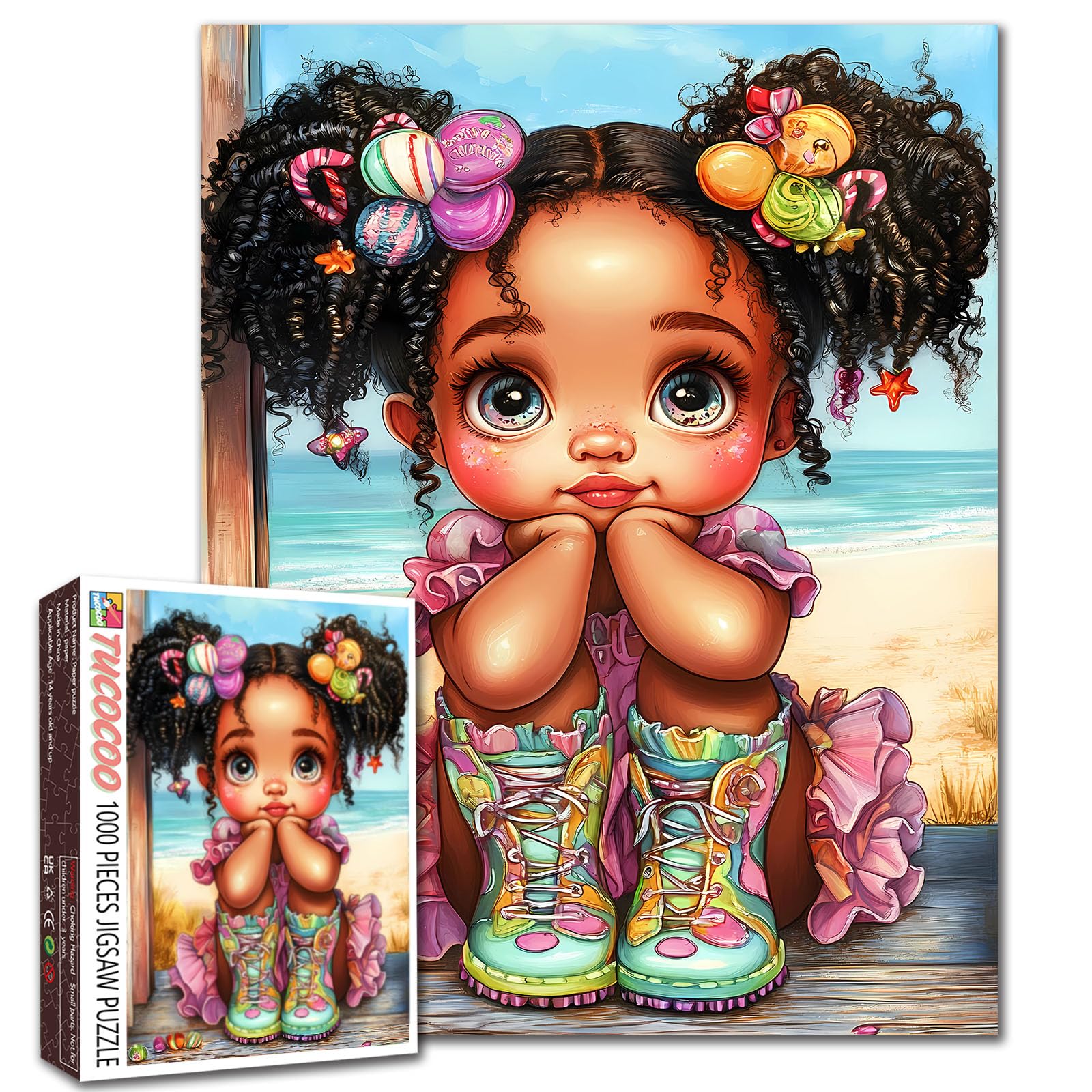 Tucocoo 1000 Pieces Jigsaw Puzzles for Adults Adorable African Little Girl Puzzle Sandy Beach Whimsical Art Puzzles for Challenging Family Activity Game Colorful DIY Crafts Puzzle Wall Decor Gifts