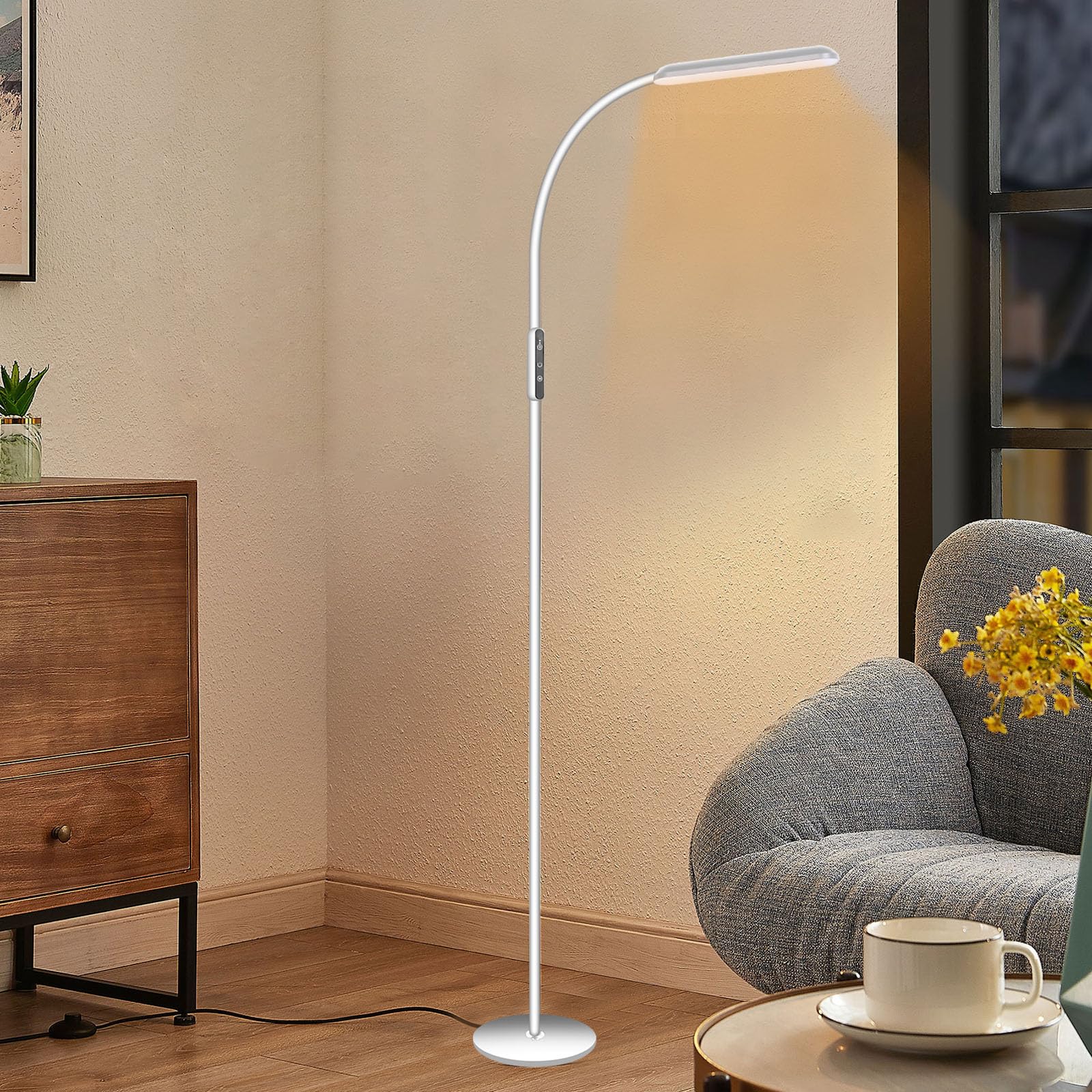 Woobroo Floor Lamp for Living Room, Dimmable Adjustable Reading Standing Lamps with Touch Control, 5 Color Temperature & 5 Brightness Levels, Gooseneck Height Flexible Modern Tall Lamp, White