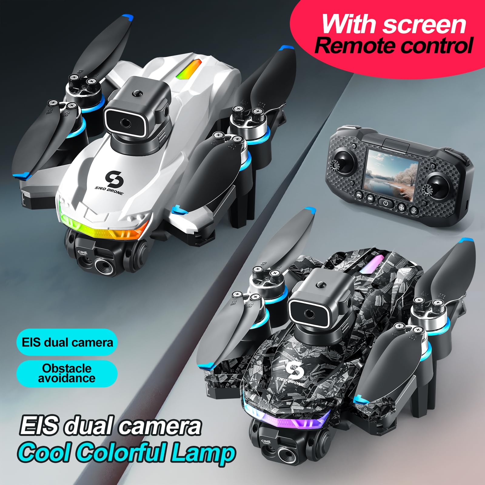 S160 Drone Pieghévole con Telecomando a Schermo Integrato - Doppia Camera HD 90°, Evitamento Ostacoli 4 Direzioni, Motore Brushless, Volo Stabile a Flusso Ottico, Autonomia 13 Min (black)