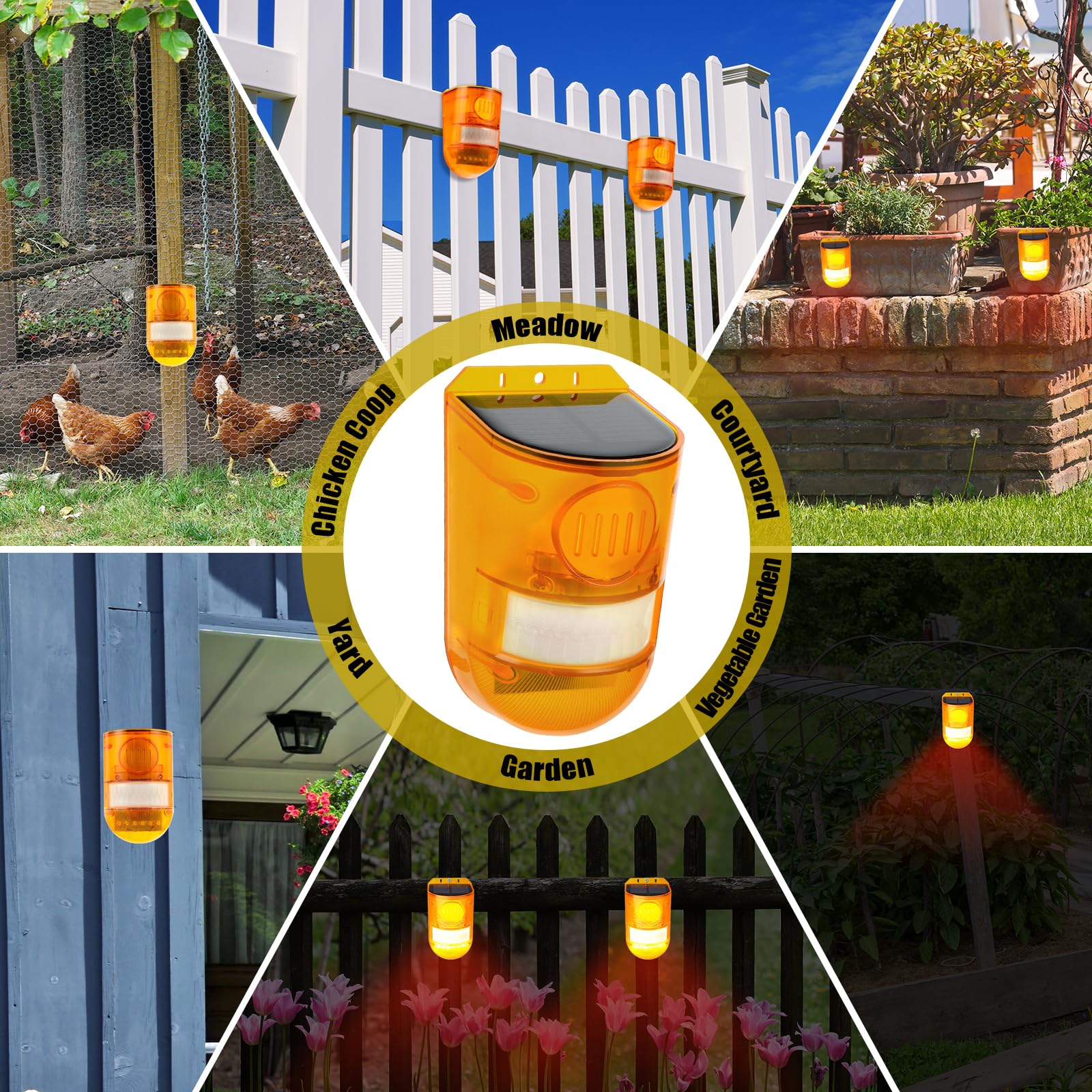 Qualirey Paquete de 4 sensores solares de sonido y luz, alarma de movimiento para exteriores, detector de movimiento solar, sirena disuasoria de animales, advertencia estroboscópica, luz roja, ruidosa