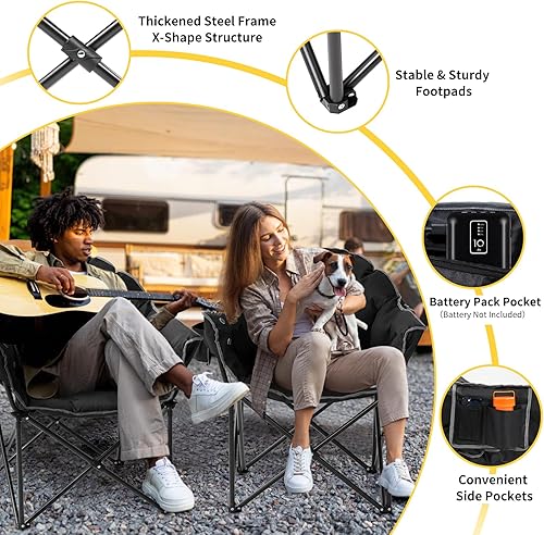 Miniatura 5 de NAIZEA Silla de camping doble con calefacción, silla plegable para 2 personas, sillas térmicas portátiles para deportes al aire libre con 3 niveles