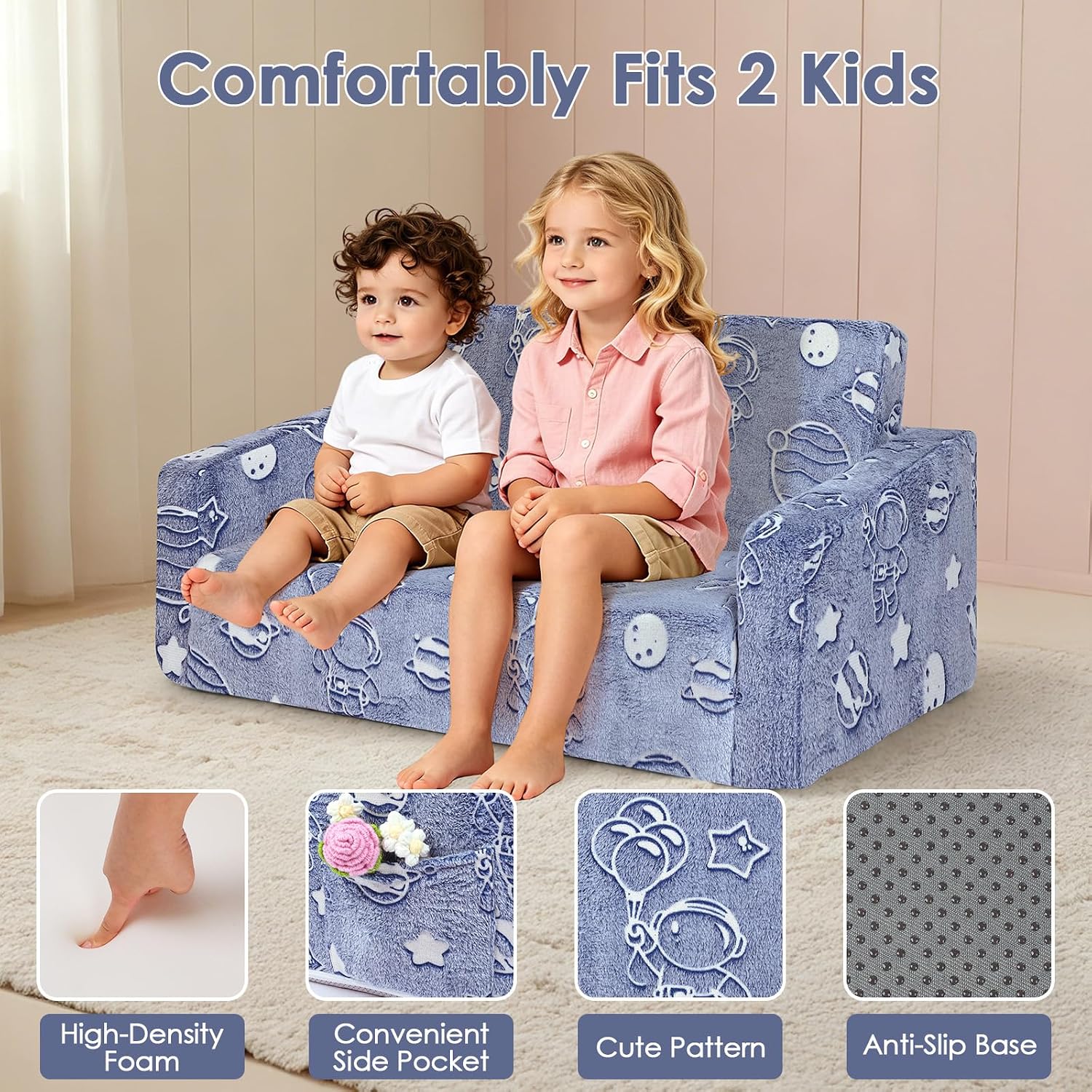 Kids Sofa 2 in 1 Glowing Foldable Children Armchairs 2 Seats Sofa Bed