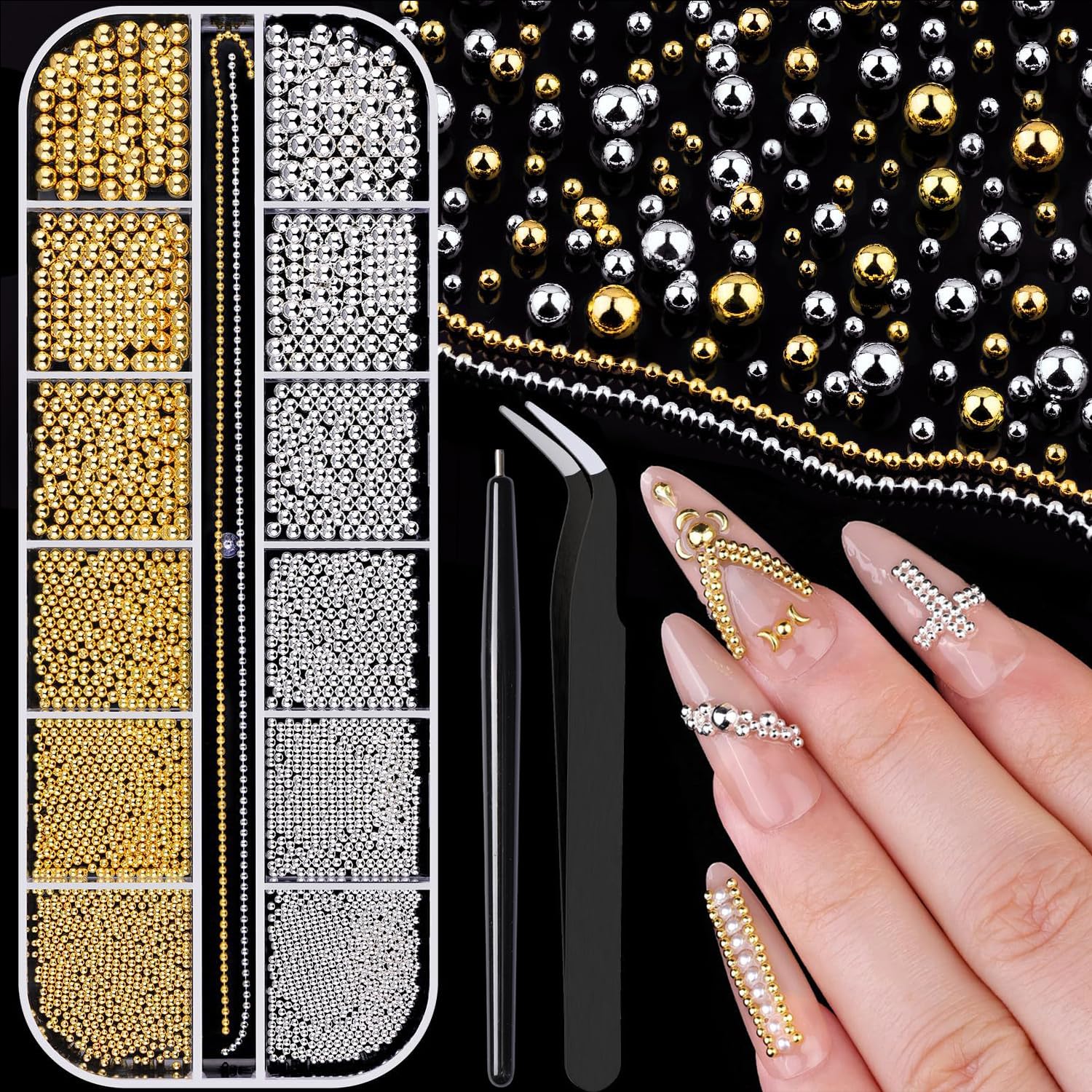 Mini koraliki do paznokci, 1-3 mm, metalowe koraliki kawiorowe, srebrne i złote, koraliki do zdobienia paznokci, mikrokawior do paznokci, cyrkonie do dekoracji manicure