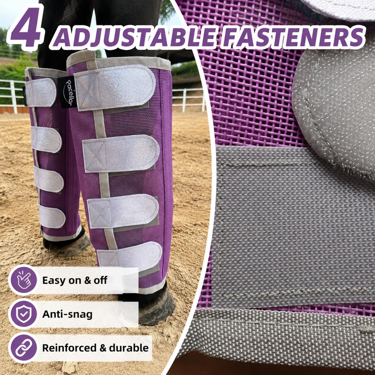 Horse Fly Boots, Loose-Fitting Fly Leggings for Turnout, 4 Pack | Reinforced nylon stays help reduce stomping, while breathable mesh and an adjustable fit provide effective fly protection.