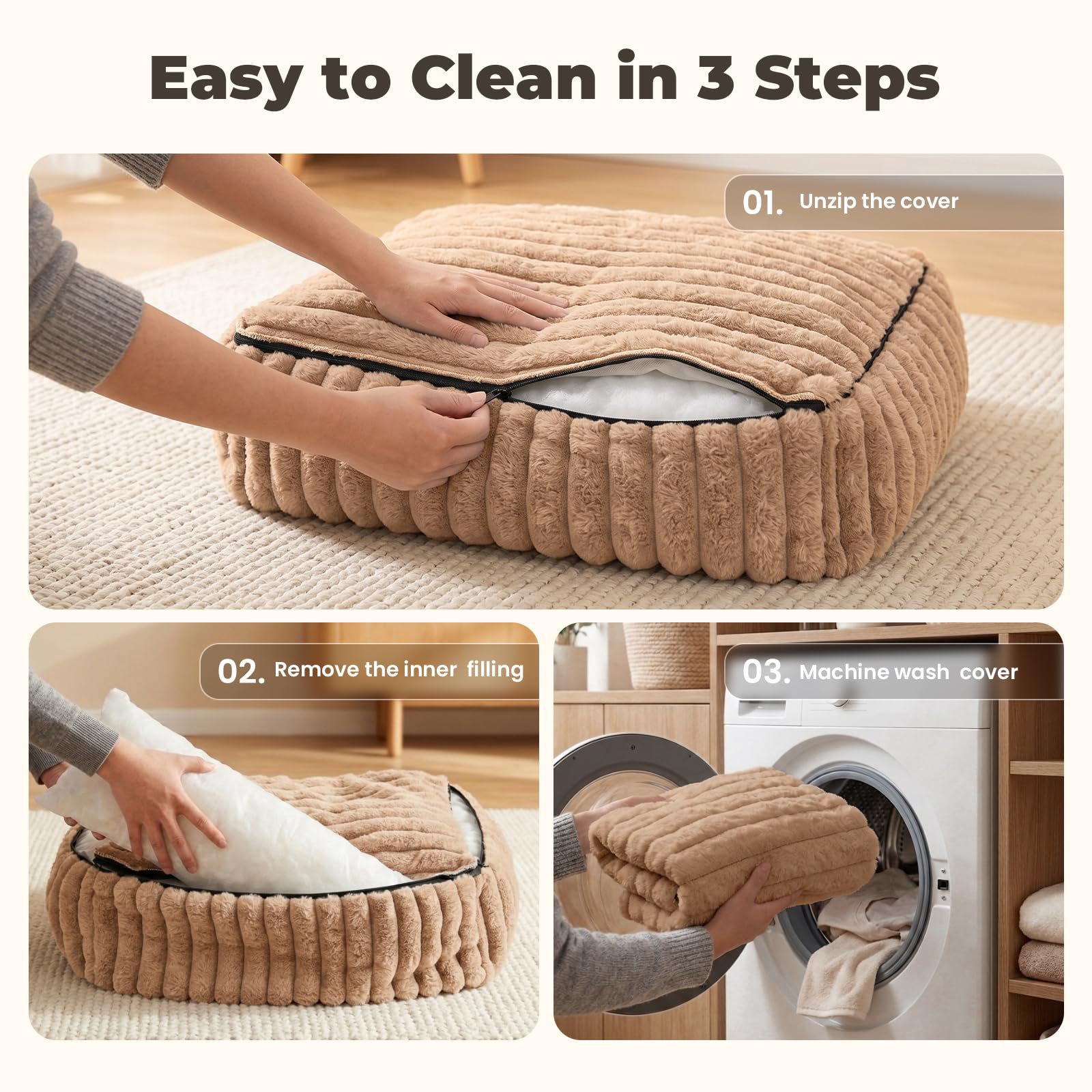 Avont Cama Mullida para Perros y Gatos Pequeños y Medianos – Espuma de Alta Elasticidad con Funda Suave Lavable a Máquina y Base Antideslizante – Camello (L)