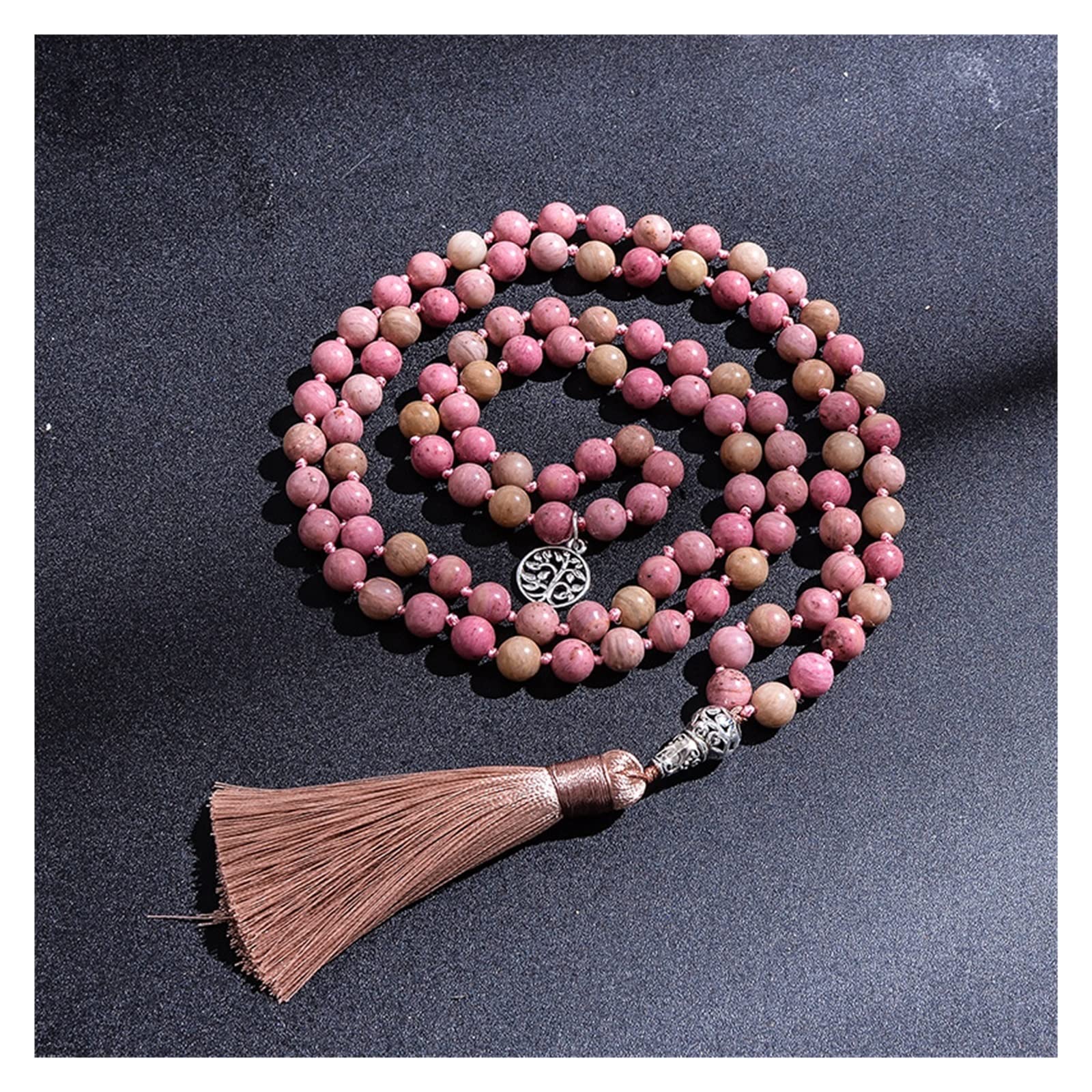 Collar de Japamala Anudado con Cuentas de rodocrosita Natural de 8mm, joyería de meditación Yoga Spirit 108 Mala con Colgante de árbol de la Vida (Color : Blue Vein)