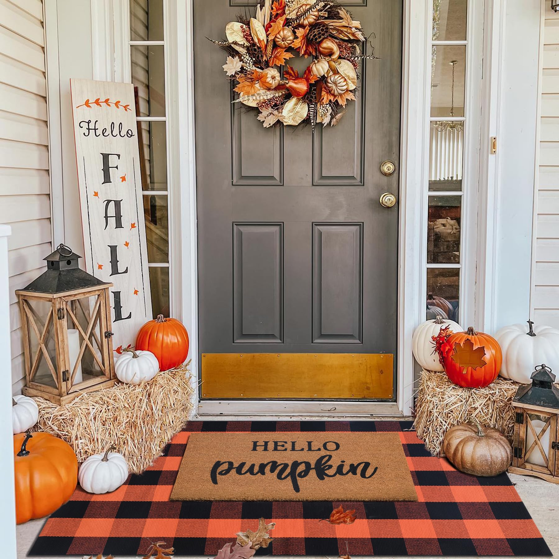 Fall Decor Doormat Combo Set, 100% Coco Coir Welcome Mat + 3' x 5' Orange and Black Plaid Rug - Fall Thanksgiving Front Porch Entryway Decor Floor Mat, Indoor Outdoors Autumn Mats Hello Pumpkin