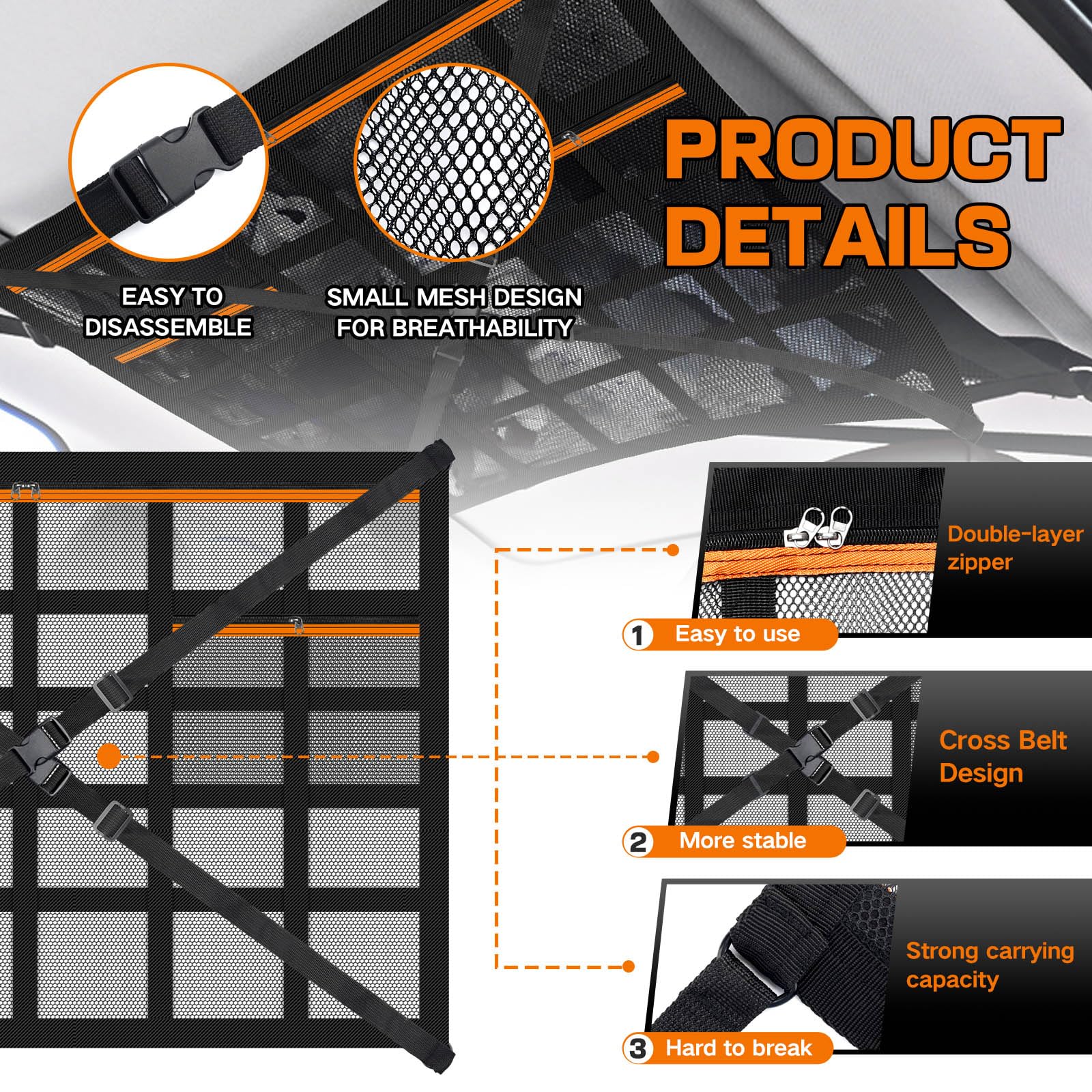 Filet de Rangement pour Toit de Voiture, Filet Plafond 90x65 cm | Organiseur Élastique en Maille avec Sangles Réglables et Poches Zippées, Grand Sac Universel pour Voiture, SUV, Van