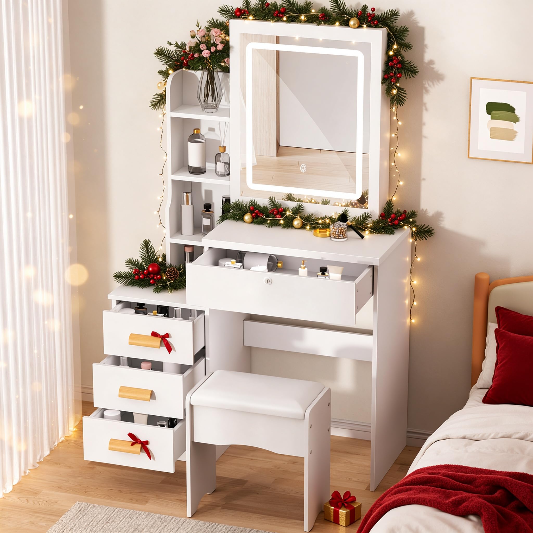 Vanity Desk with Sliding LED Mirror,4-Drawer Makeup Table for Bedroom