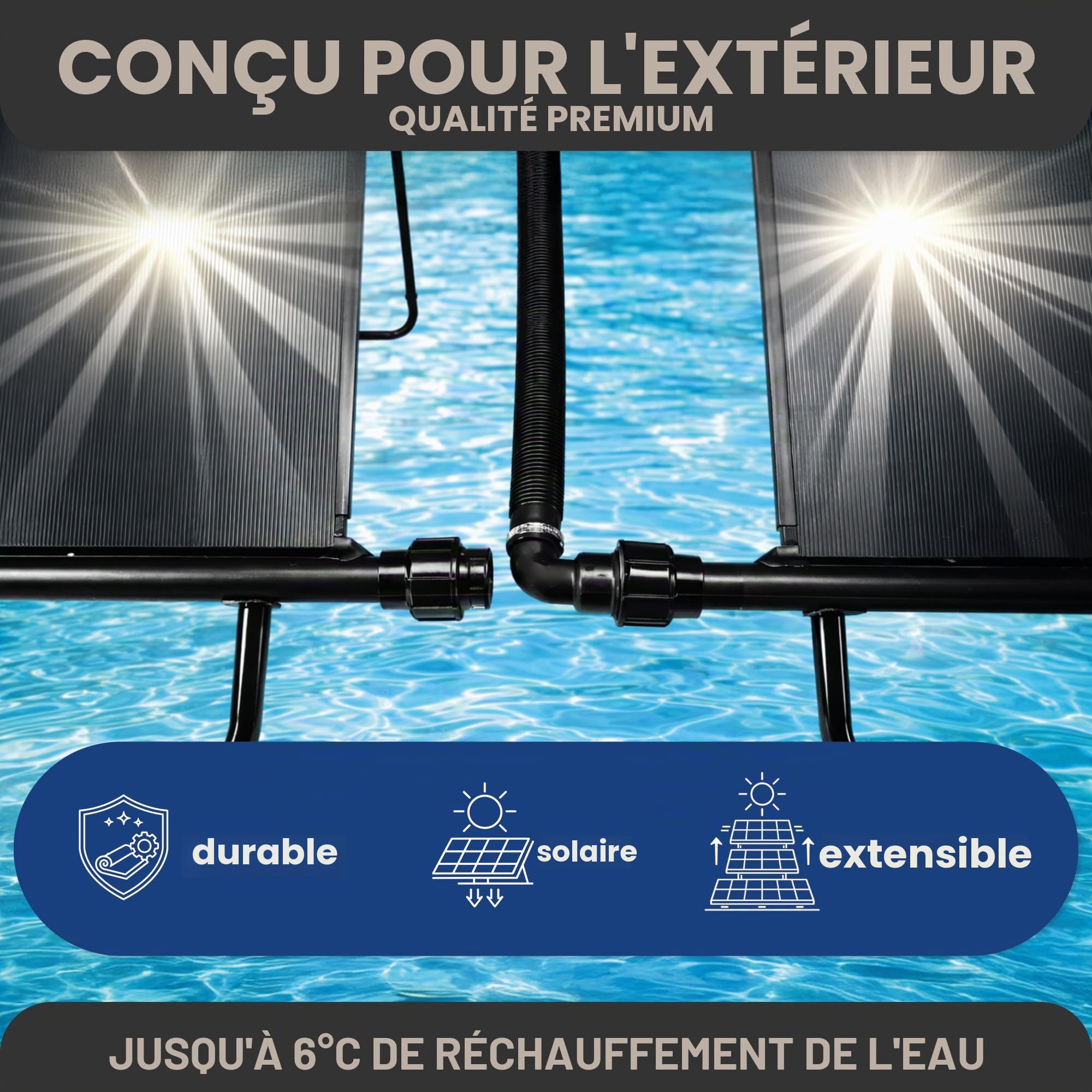 HAF® 1 panneau solaire 300 x 60 cm sans 3 voies - Tapis chauffant pour piscines jusqu'à 10 m³ - Chauffage solaire extensible à volonté - Chauffage de piscine d'eau chaude avec chauffage de l'eau