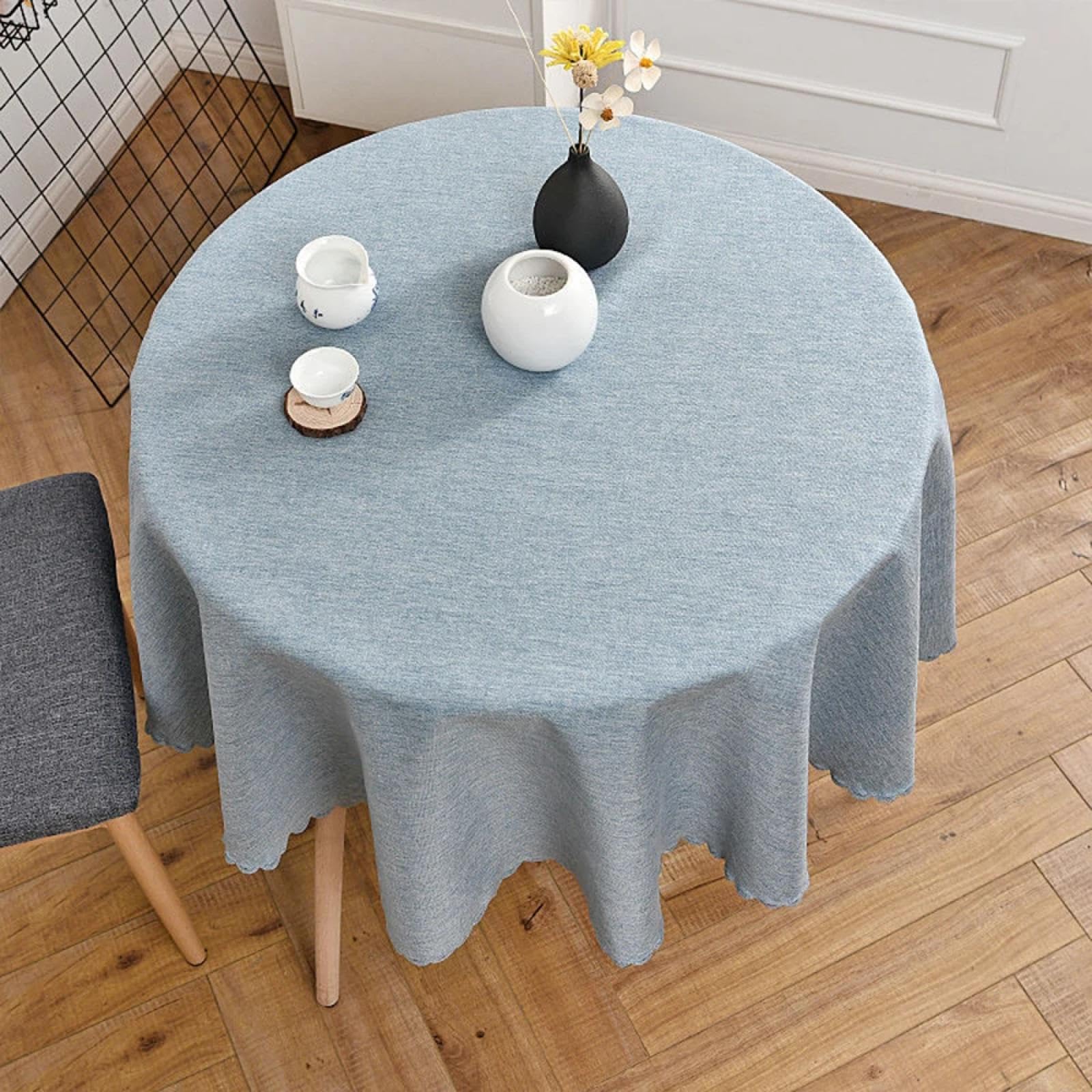 Nappe ronde en coton et lin bleu clair 134 cm, nappe de table anniversaire et banquet