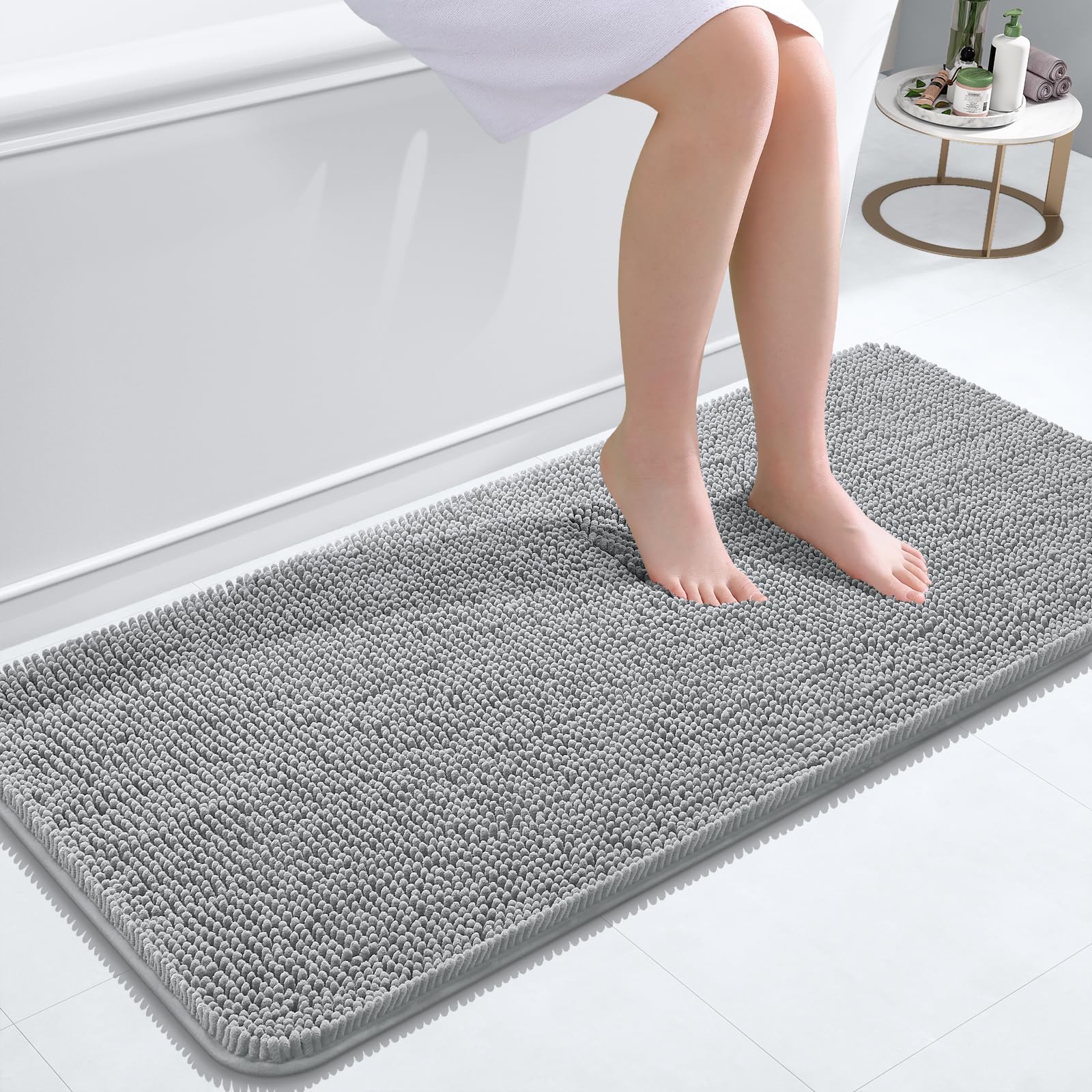 OLANLY Bathroom Rugs 47x20, Extra Soft Absorbent Chenille Bath Rugs, Non-Slip, Dry Quickly, Machine Washable, Bath Mats for Bathroom Floor, Tub and Shower, Light Grey
