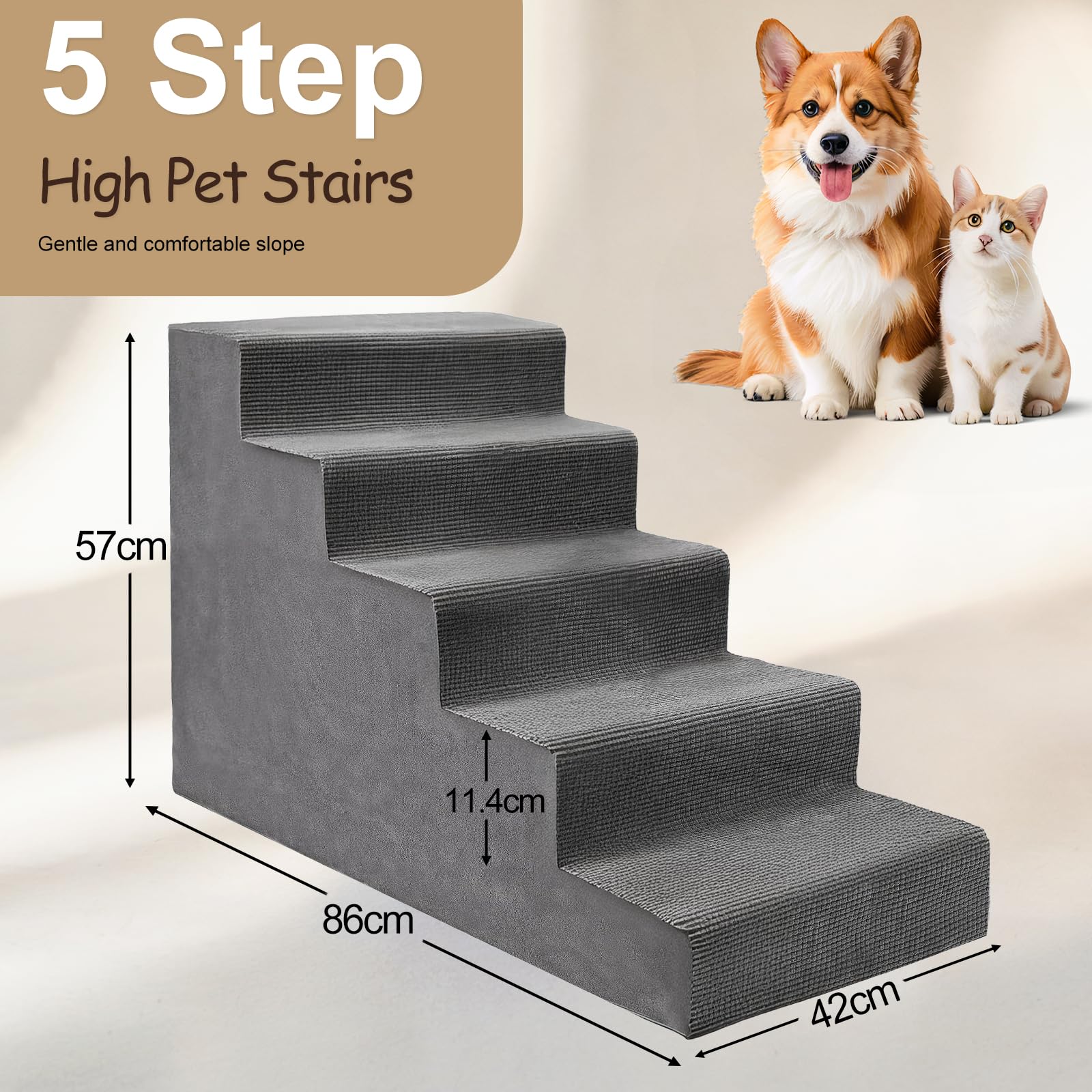 Escalier pour Chien et Chat D86 x W42 x H57 cm Housse Lavable Mousse Antidérapant Haute densité Gris 5 marches