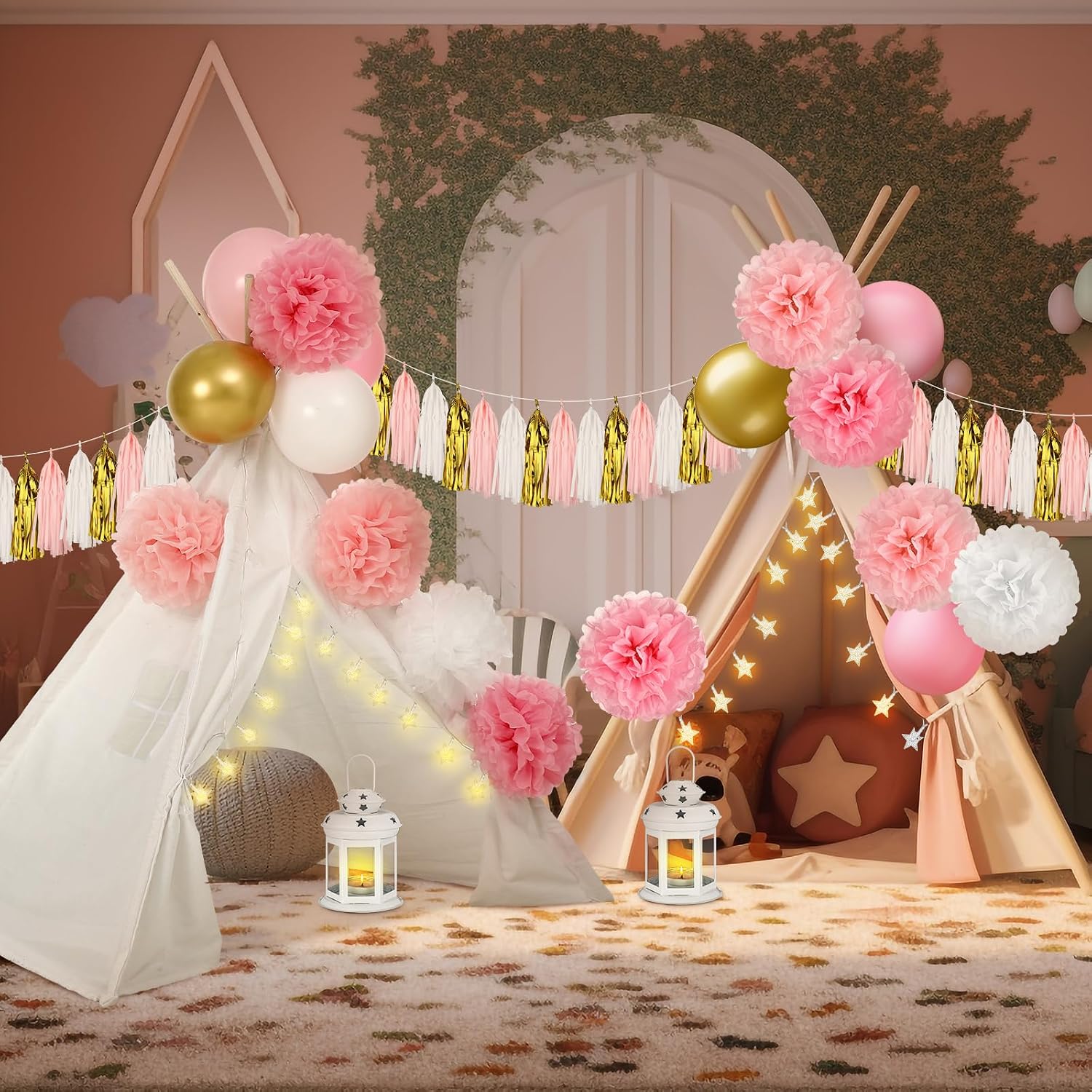 4 Set Sleepover Party Teepee Decoration Set Pajama Party Tent Decorate Tissue Paper Pom Latex Balloons Star LED Light Paper Tassels Garland Banner Decorative Candle Lantern Wedding