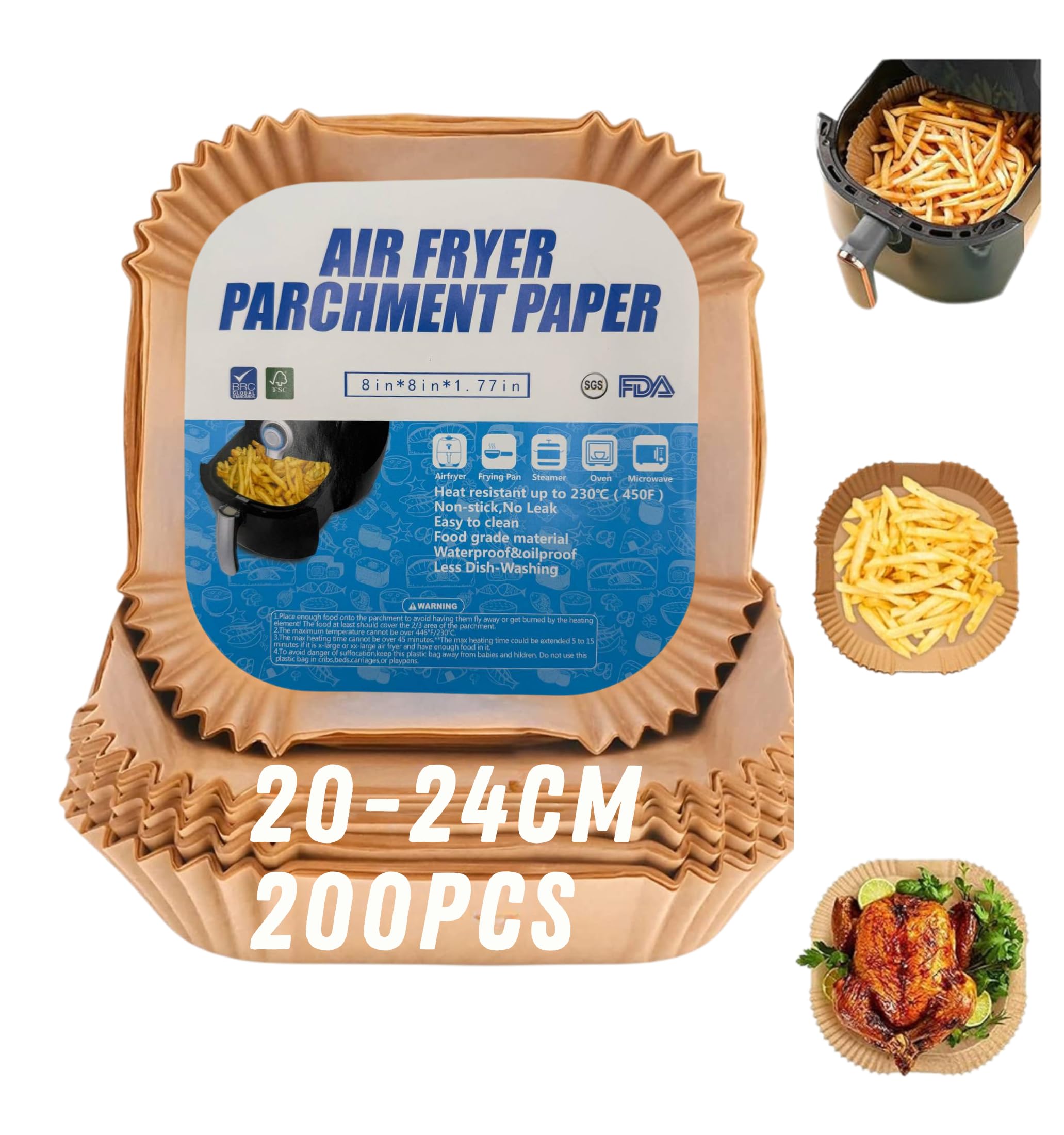 Air Fryer Paper 200 Units 20x20cm | Disposable Non-Stick Molds | Suitable for 5-8L Air Fryer | Effortless and Dirt-Free Cooking.