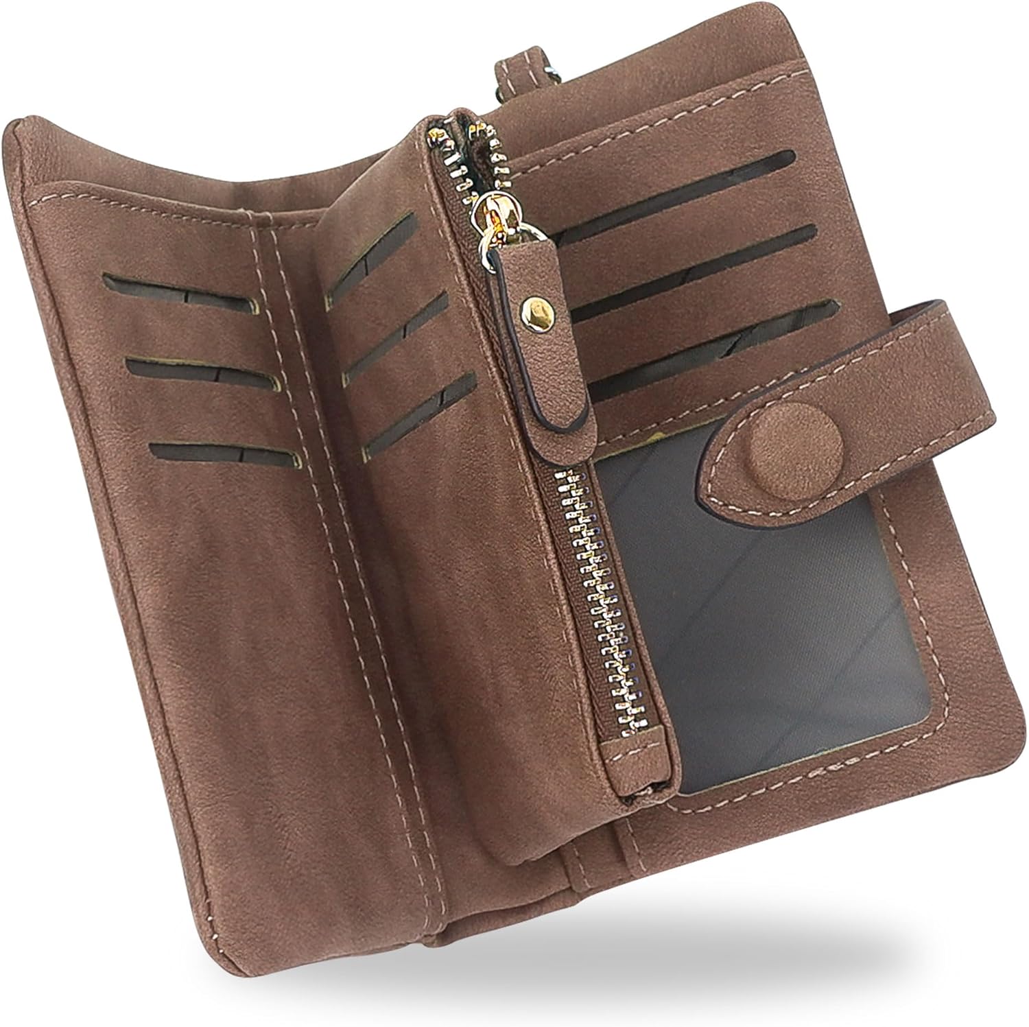 SNCCJ RFID Wallets for Women, Large Capacity Faux Suede Leather Small Womens Wallet with Wristlet (Brown)