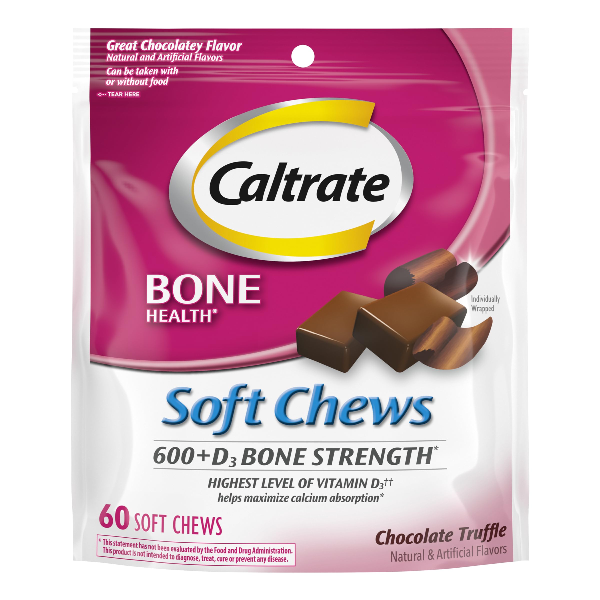 Caltrate Chewables 600 Plus D3 Vitamin D and Calcium Supplement, 60 Count Chocolate Truffle 60 Count (Pack of 1)
