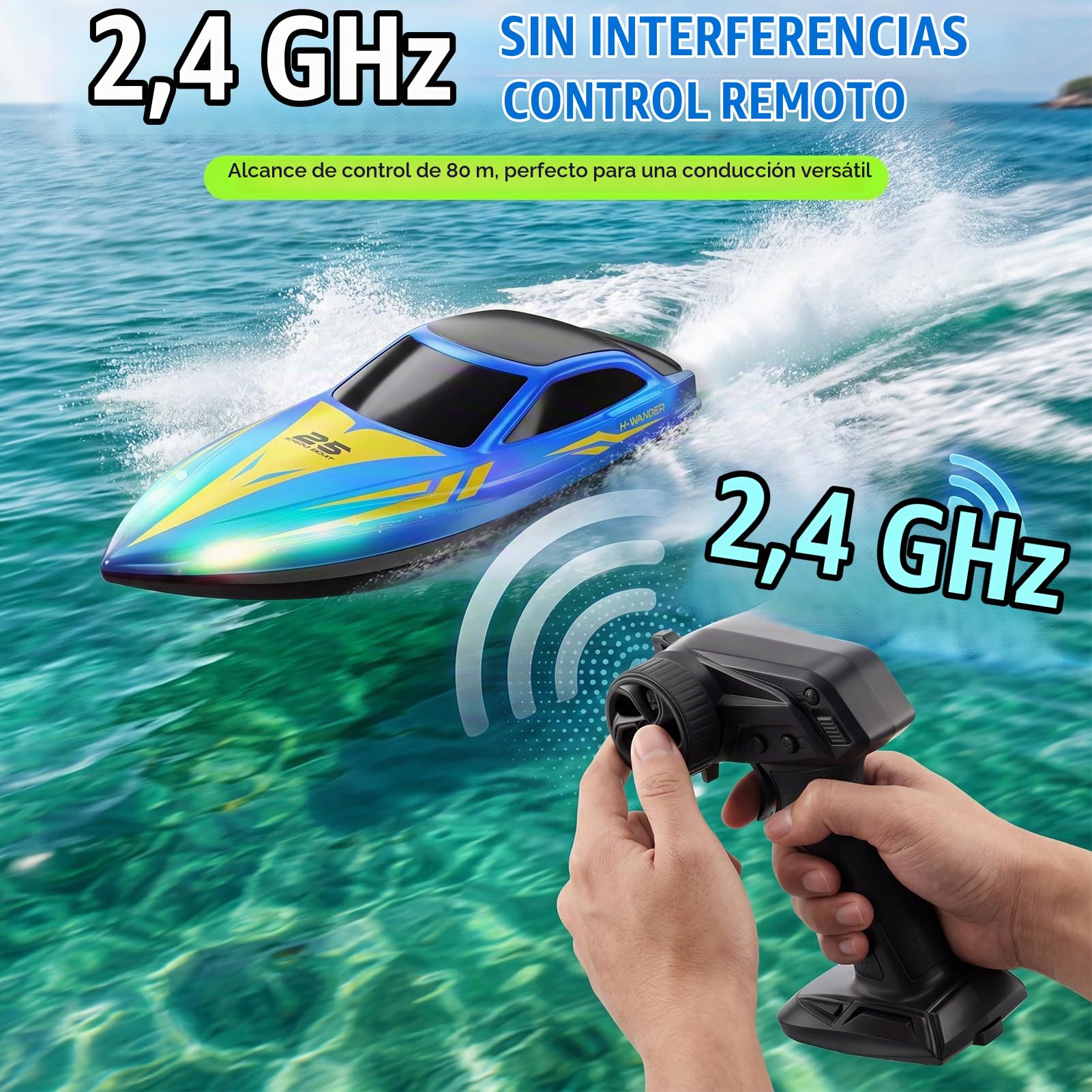 Barco RC Rápido 15 KM/H, 2.4GHz Barcos Teledirigidos Lancha Radio Control con 2 Horas de Autonomía, Auto-enderezable, Luces LED, Impermeable para Piscina y Lago 26cm