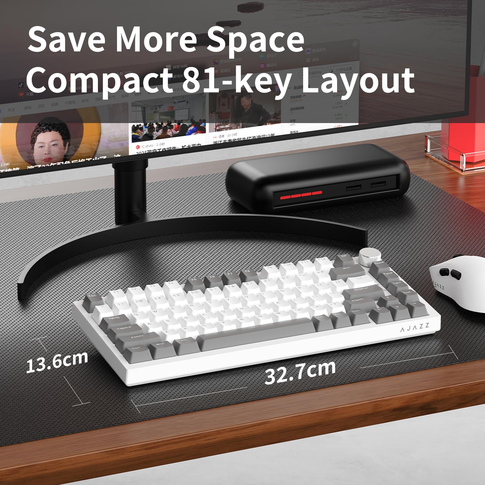 AJAZZ AK820 Mechanical Keyboard, 75% Hot Swappable Wired Keyboard with Volume Control Knob, PBT Keycaps, Five-layer Sound Insulation Pad, 82-Key Gaming Keyboard, Grey White