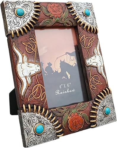 Miniatura 3 de Ebros Gift Rústico Western Country Longhorn Ganado Bull Cow Conchos plateados con gemas turquesas de piel sintética de 4 x 6 pulgadas, marco de