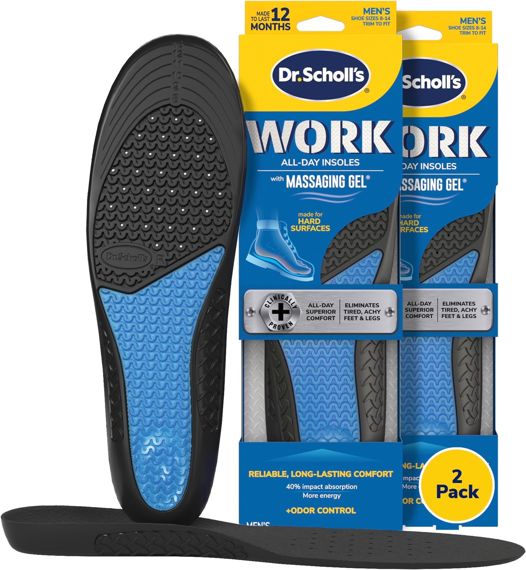 Dr. Scholl's Work Insoles (Pack 2) // All-Day Shock Absorption and Reinforced Arch Support That Fits in Work Boots and More (for Men's 8-14, Also Available for Women's 6-10)