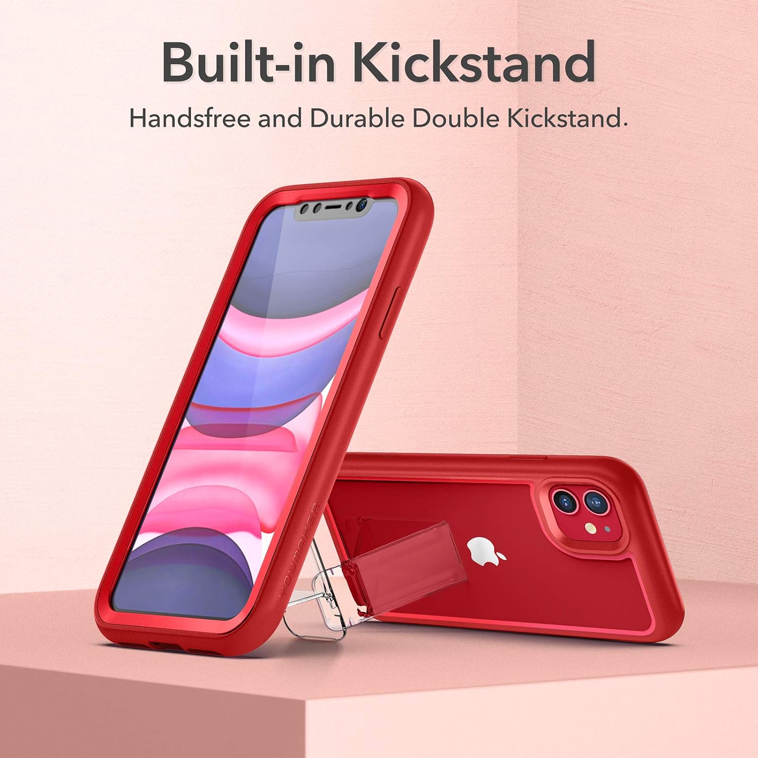 YOUMAKER [2021 Upgraded AegisKS Series for iPhone 11 Case, with Kickstand Built-in Screen Protector Full Body Rugged Clear Bumper Case Designed for iPhone 11 6.1 Inch - Red
