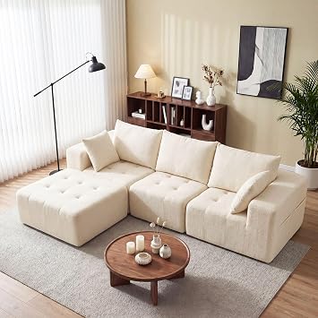 Modular Sectional Boneless Couch, Chenille Tufted Sectional Couches for Living Room, No Assembly L Shape Cloud Sofa with Ottoman & 3 Throw Pillows & Storage Side Pocket, White