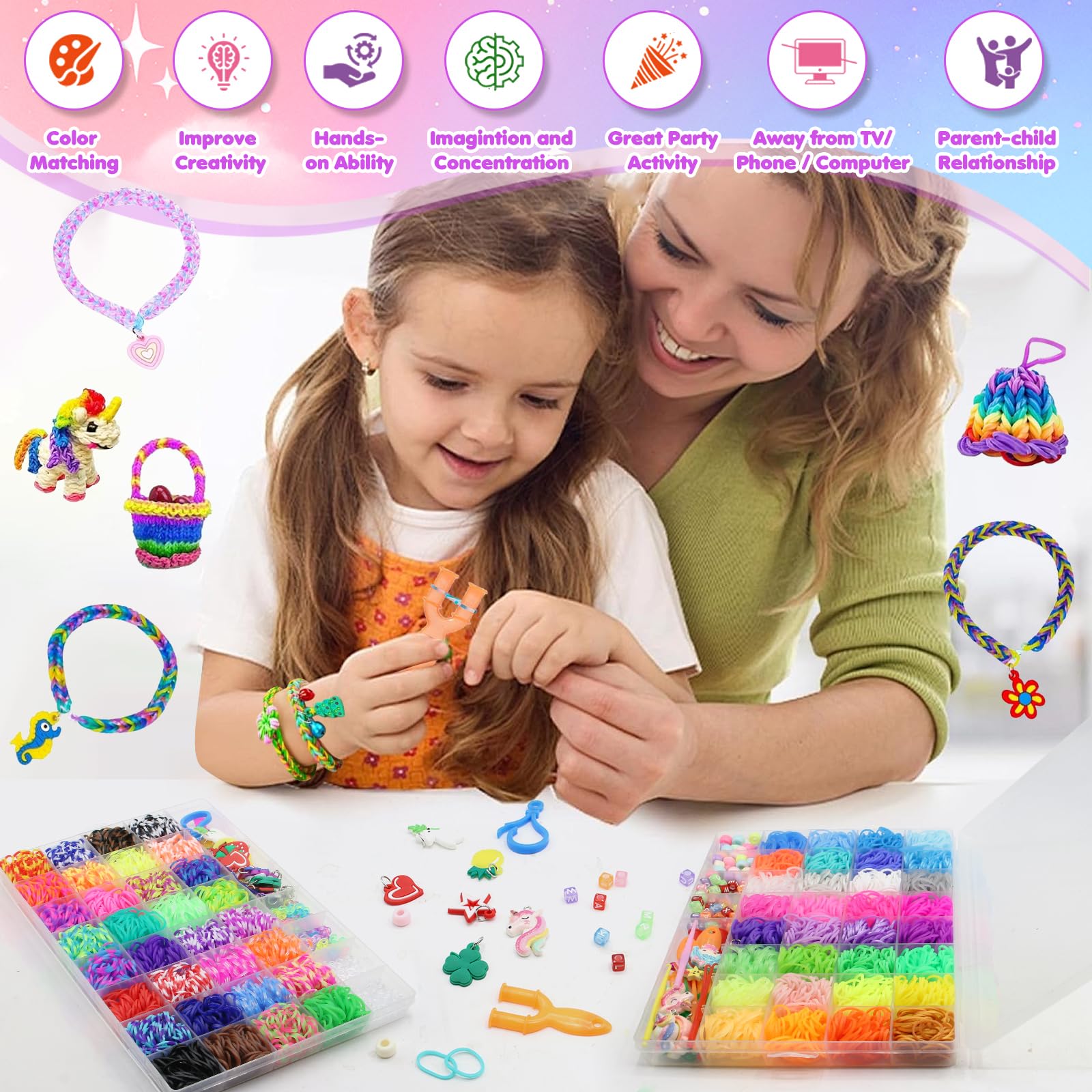 AOKITO 5000+ Elastique Bracelet Kit, 64 Couleurs Bricolage Élastique Loom Bands Kit pour Enfant avec Pendentifs, Clips, Perles, Boîte de Rangement, pour Fille Garçon Enfants