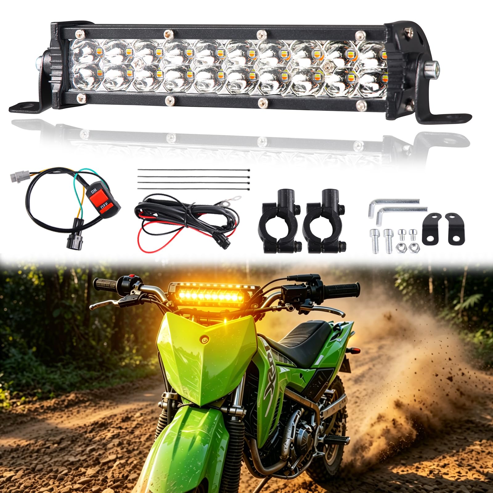 Barre Lumineuse pour Moto Tout-terrain 60 W 2500 lm avec Interrupteur, Lumière Blanche et Jaune pour Guidon de 22 mm, Compatible avec CRF110 KLX140 KLX110 TTR110 TTR110E KLX PW XR RM KX Motocross