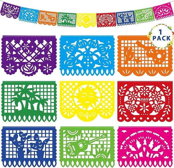 18 FT Cinco De Mayo Party Decorations, 1 Pack Fiesta Banner with 9 Plastic Papel Picado, Colorful Mexican Theme Party Flag Banner Dia De Los Muertos Day of the Dead Hanging Decor Home Party Supplies - 1