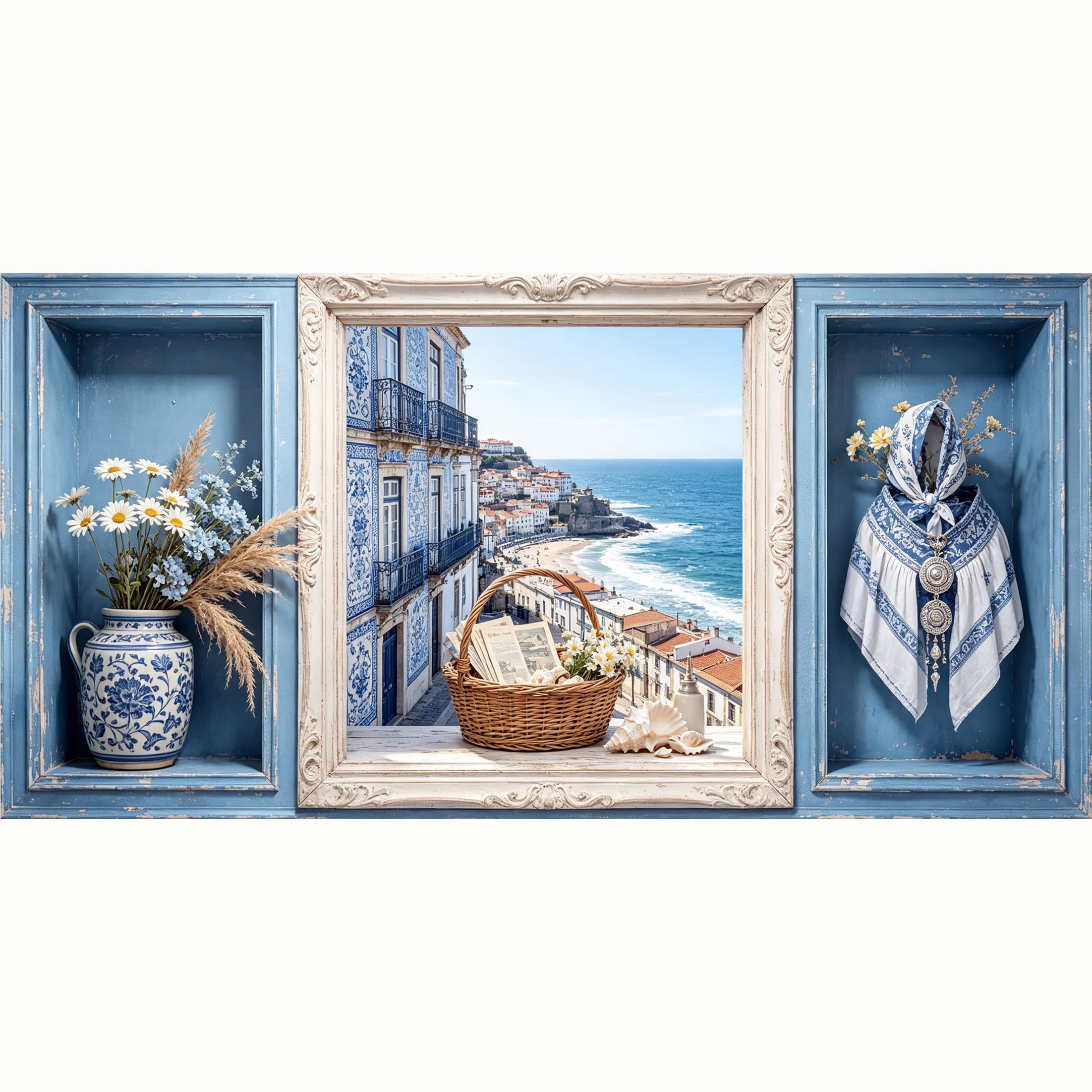 QZLITHOTIC 50x100cm 3D Framed Wall Art， Mediterranean Coastal Town Tile Pattern SelfAdhesive Mural， Water‑Activated Peel & Stick Fabric Decor Wall Decal for Bedroom Living Room