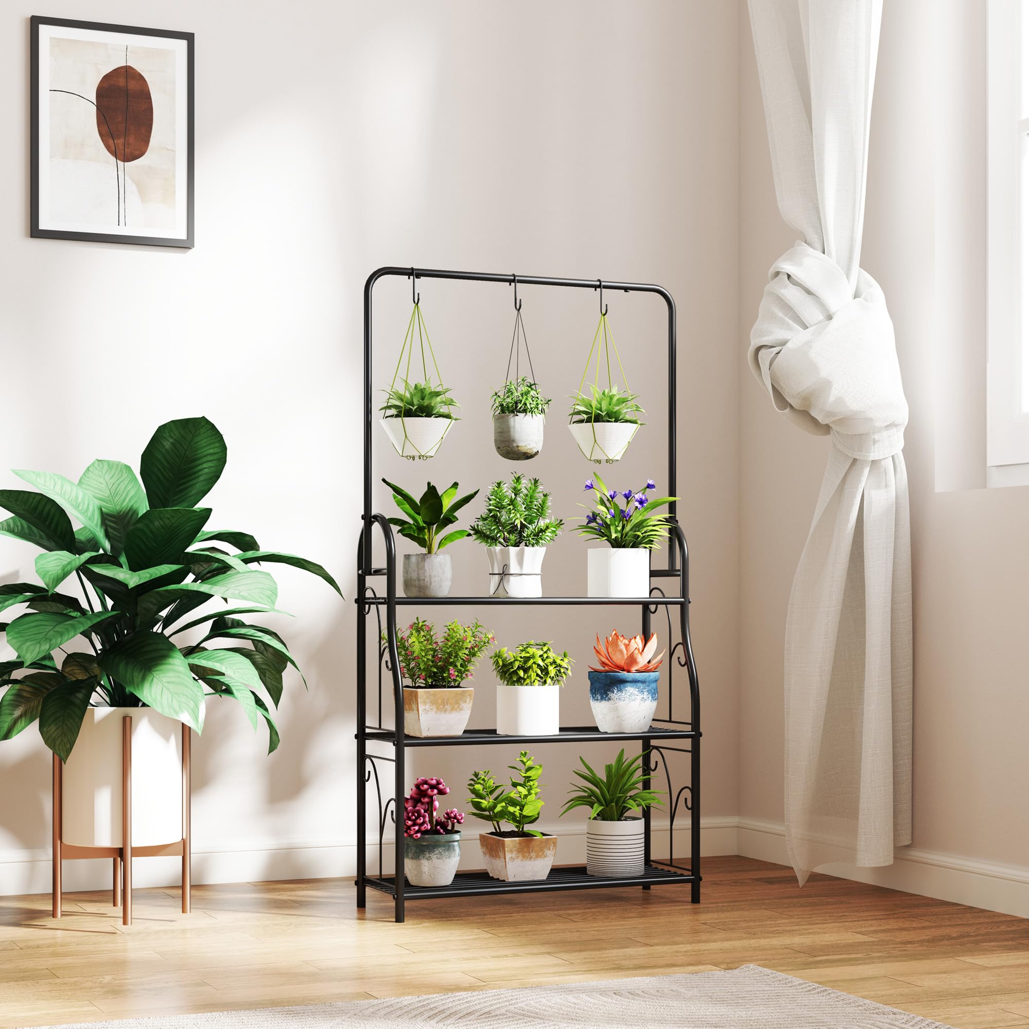 Outsunny Étagère à fleurs 3 niveaux pour Intérieur Extérieur Métal Noir | Support de Plantes, Tige de Suspension, 3 Crochets, pour Balcon, Salon, Chambre, Jardin
