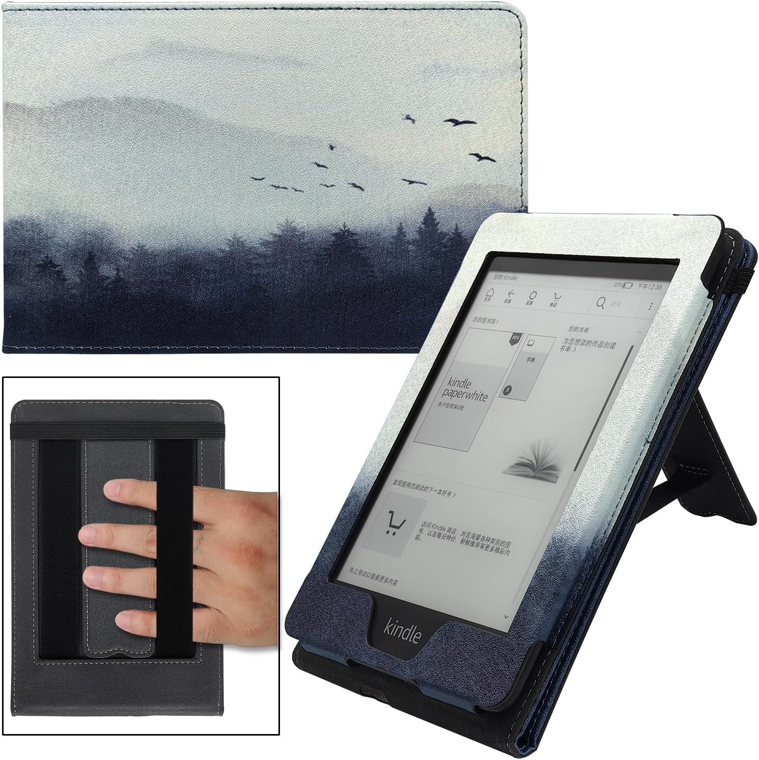 Kindle Paperwhite Case Fits All-New 10th Gen- 2018 / All 6 Inch Paperwhite Generations – PU Leather Protective Sleeve Stand Cover with Double Hand Strap/Auto Sleep & Wake (Cloud Forest)