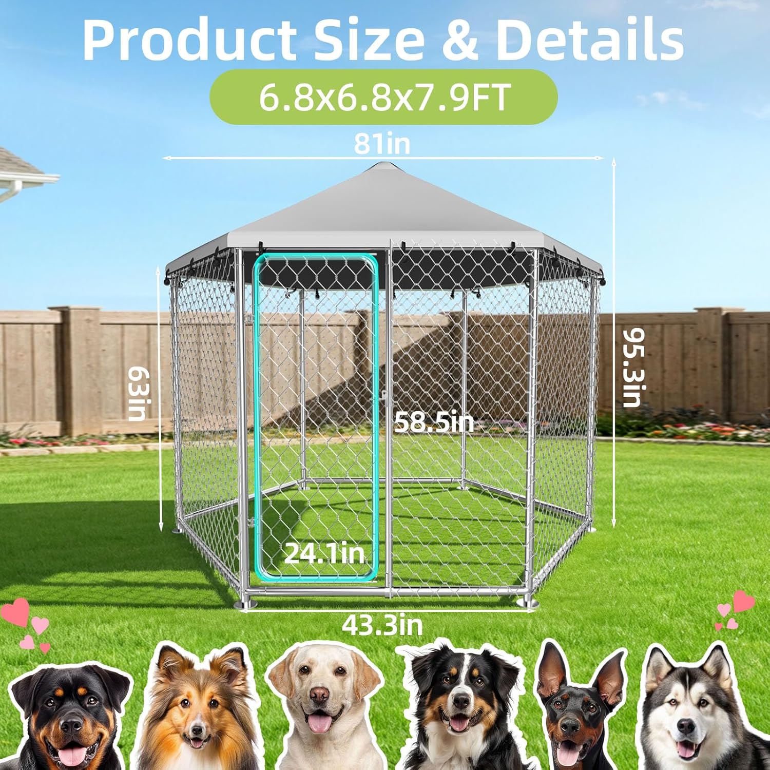 6.8x6.8 FT Heavy Duty Outdoor Dog Kennel, Large Galvanized Steel Enclosure with Waterproof UV-Resistant Roof & Secure Lock, Hexagonal Wire Mesh Design for Backyard, Patio & Garden (81x81x95.3IN)
