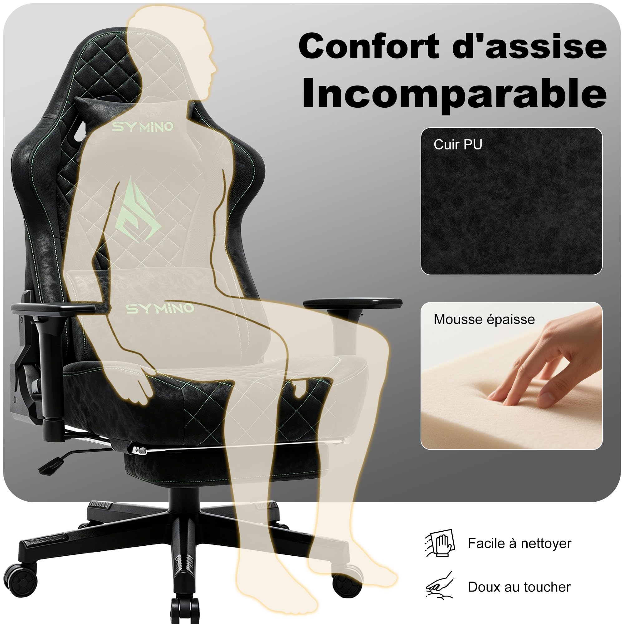 Symino Chaise Gamer Ergonomique - Fauteuil de Bureau avec Repose-Pieds Télescopique, Support Lombaire et Hauteur Réglable - 200kg (Simili Cuir Black)