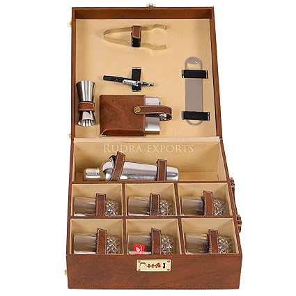 Rudra Exports Black Big Premium Bar Set with 6 Whiskey Glasses | Portable Leatherette Bar Set | Bar Set for Picnic | Bar Set for Travel | Bar Set for car | (Brown)