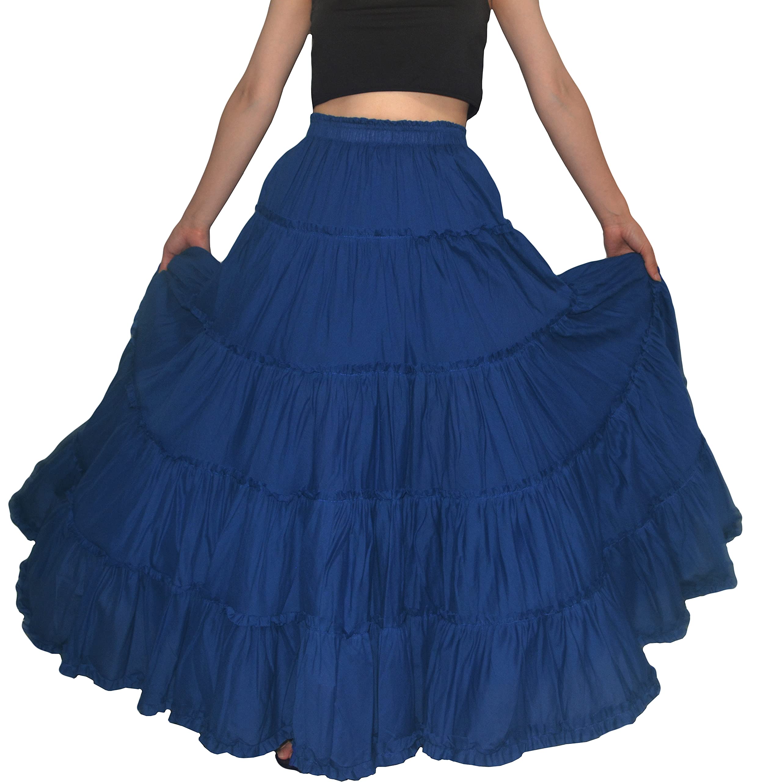 YSJERAWomen's Cotton 5 Tiered A Line Pleated Maxi Skirt Long Boho Gypsy Dance Skirts