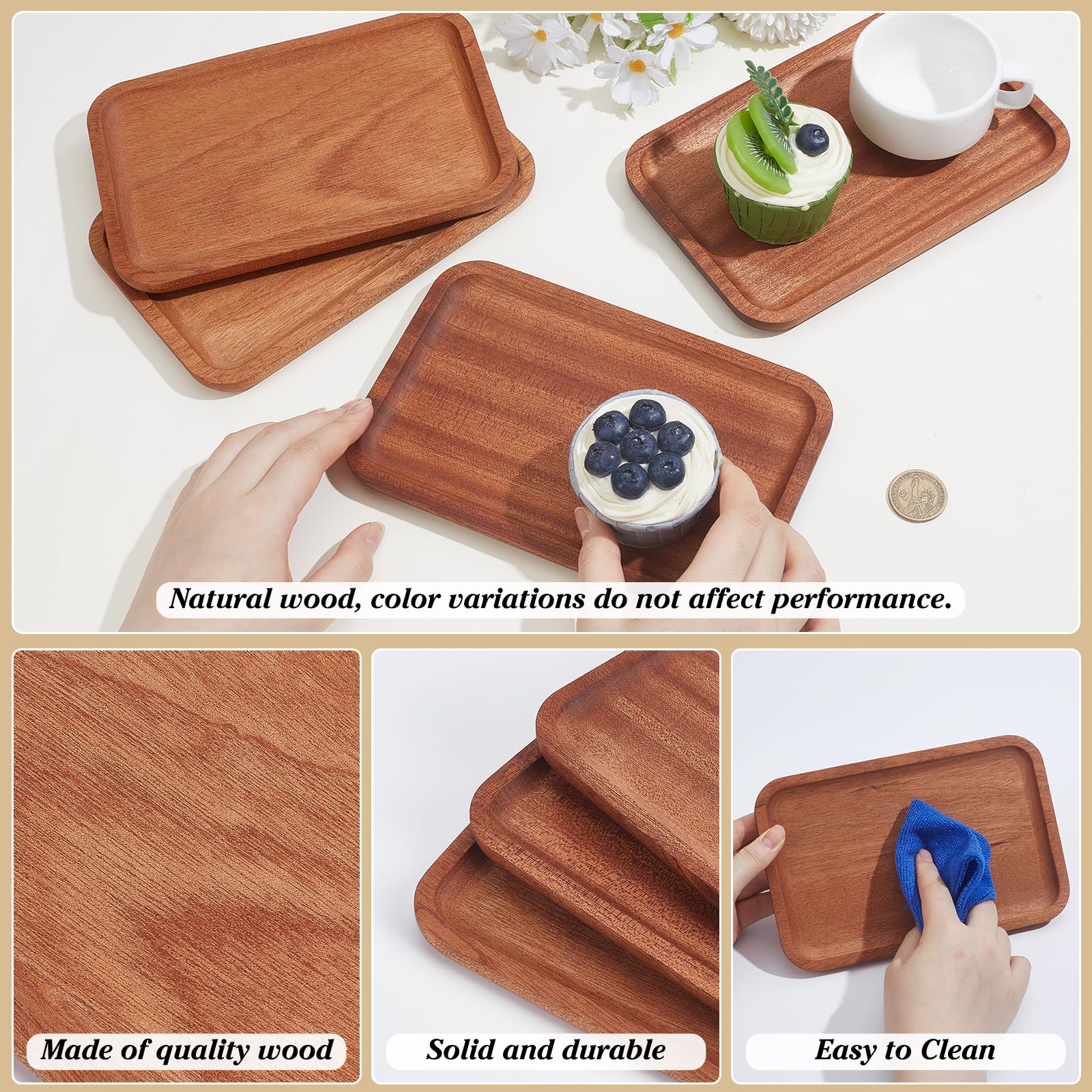 8 bandejas y bandejas de madera maciza, bandeja rectangular para servir con borde, bandeja de madera de 20,2 x 13,1 x 1,4 cm, tabla de charcutería, plato de queso para queso y frutas