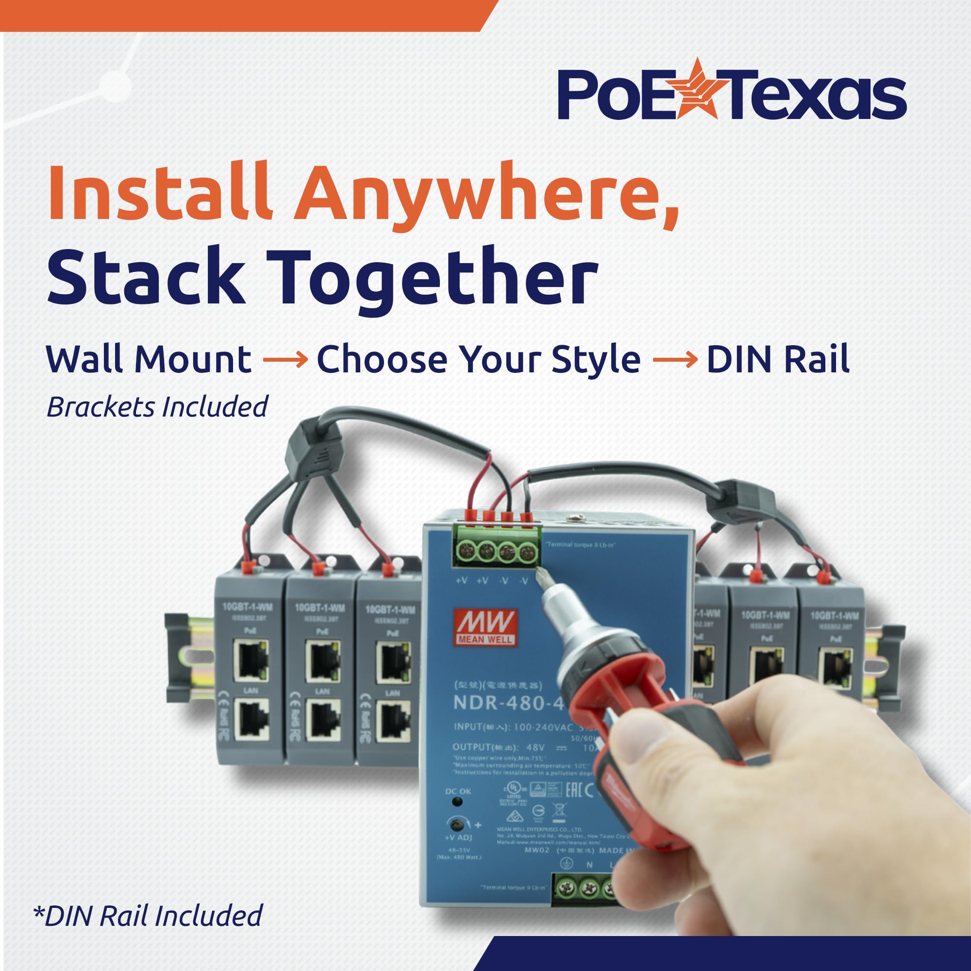 PoE Texas Injecteur Midspan PoE++ 6 ports 10 Gigabit avec alimentation 48 V 480 W – Convertit les ports non PoE en PoE++ – Fournit des appareils de 90 W à 802,3 bt jusqu'à 100 m – Montage mural ou
