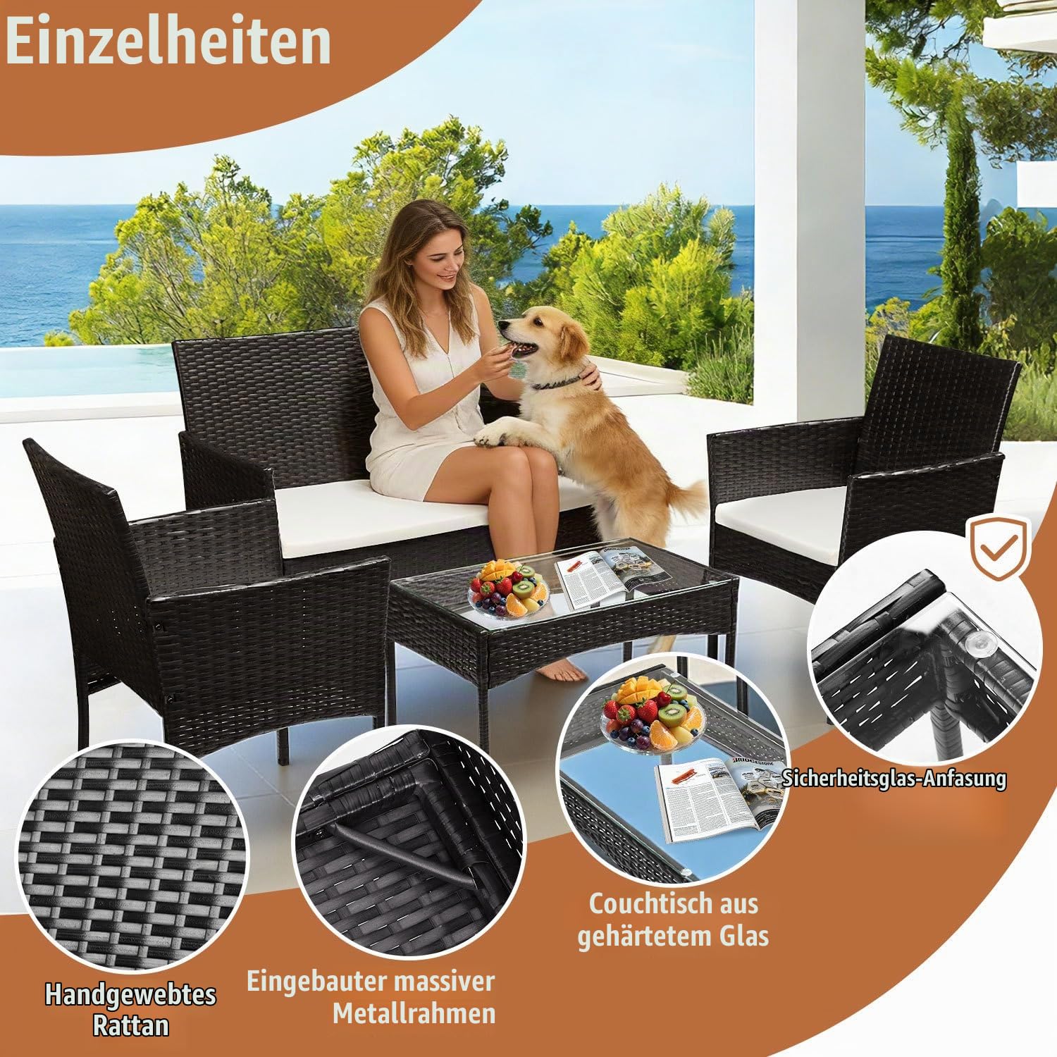 Polyrattan Balkonmöbel Set 4-teilig, Schwarz