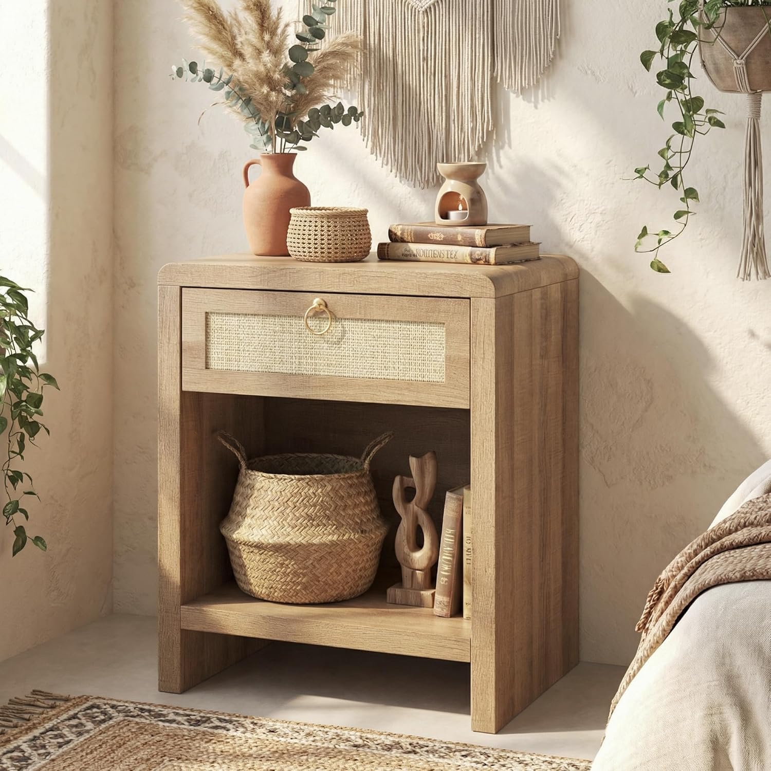 Rattan Nightstand with Charging Station, 20" Wide Boho Night Stand Bedside Table, End Table with Drawer and Storage Shelf, Wood Nightstand for Bedroom, Small Space, Natural Oak