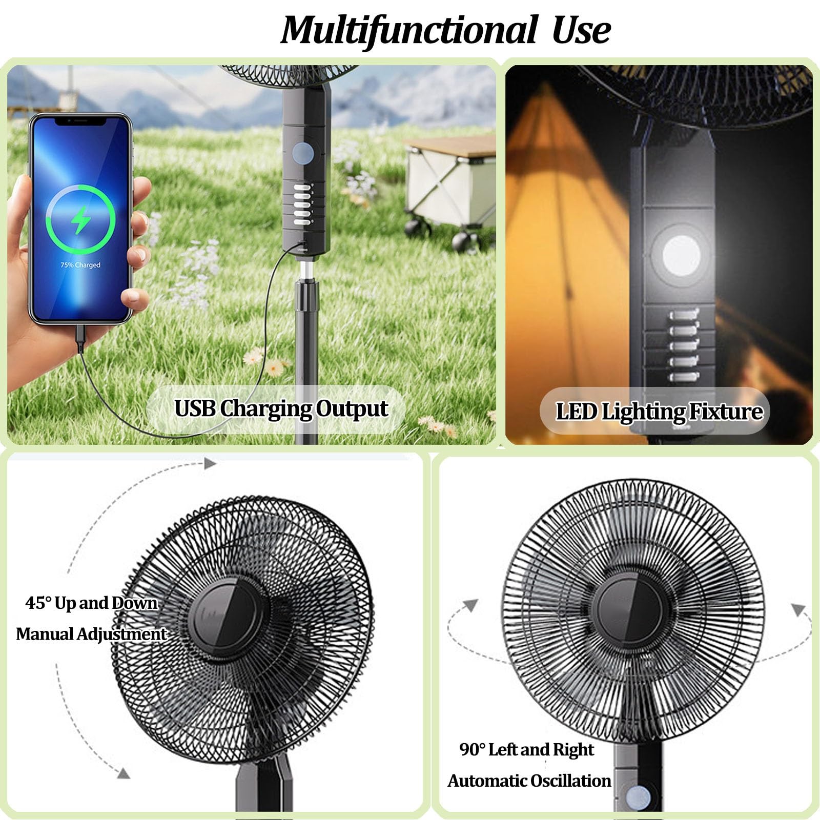 Ventilatore Solare da Campeggio con Luce, Ventilatore da Terra per Esterni con Telecomando, Batteria da 5200 mAh, Due Metodi di Ricarica, Oscillazione Automatica a 3 Velocità