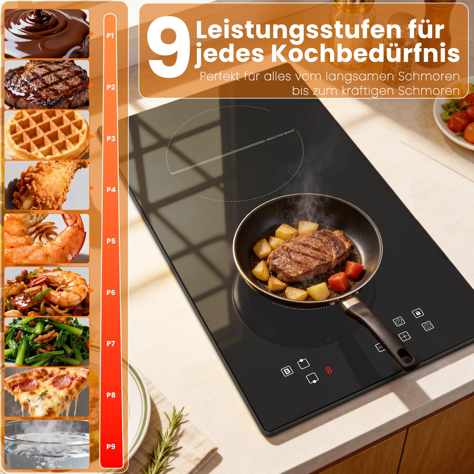 Induktionskochfeld 2 Platten, Induktionskochplatte Einbau 2 Zonen 30 CM, 9 Leistungsstufen, 3500W Mit Boost-Funktion, Timer, Kindersicherung, 220-240V - 4