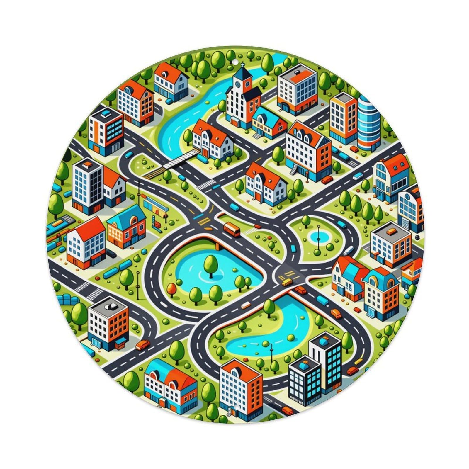 Colorful Cityscape Pattern Print Round Tin Sign Vintage Style Metal Sign Home Bar Garden Wall Plaque Decor Metal Poster 8x8 Inch