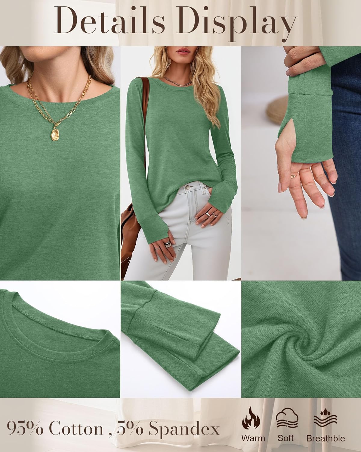 Huukeay 3 Pack Women's Long Sleeve Shirts with Thumb Holes, Cotton Casual Crew Neck Tunic Tops Fall Loose Y2k Trendy Outfits - Image 5